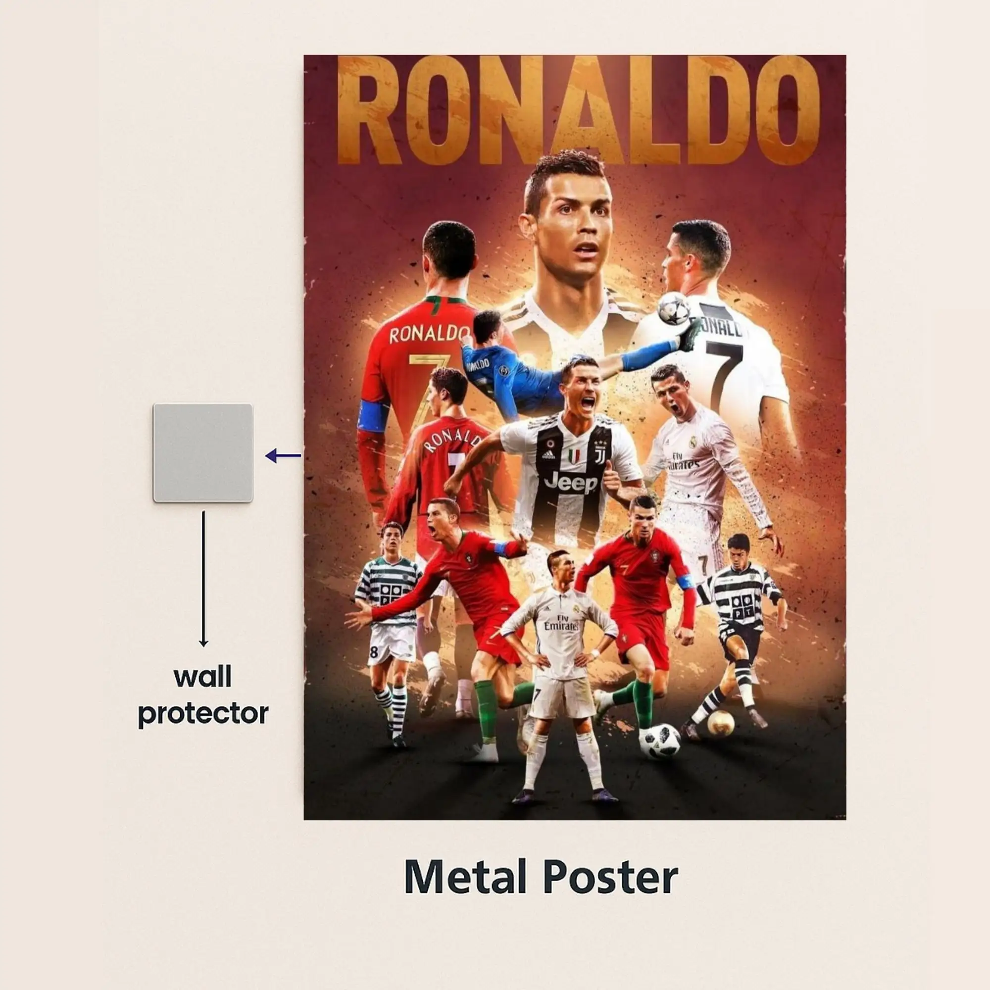 cristiano ronaldo football metal poster with wall protector