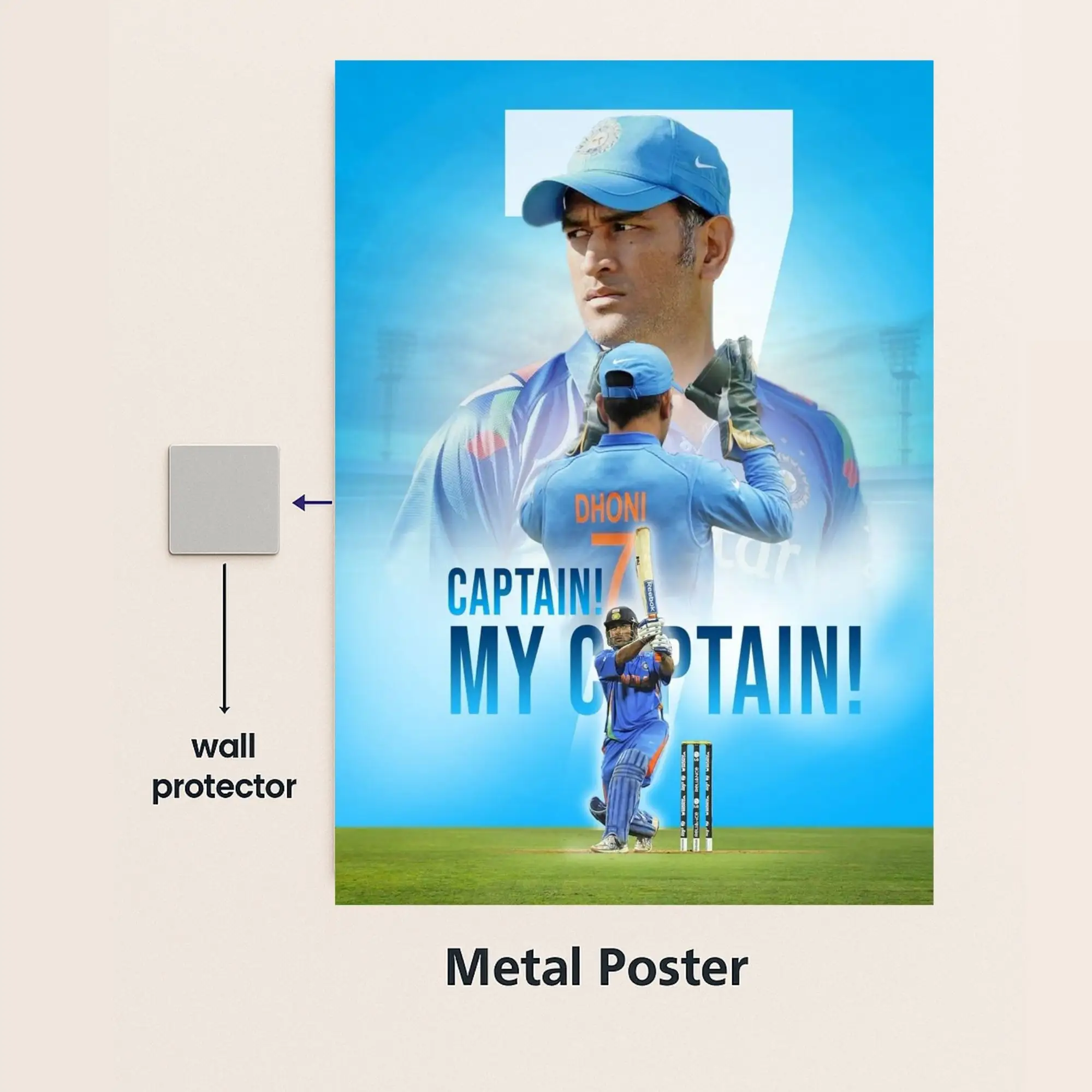 dhoni metal poster with wall protector