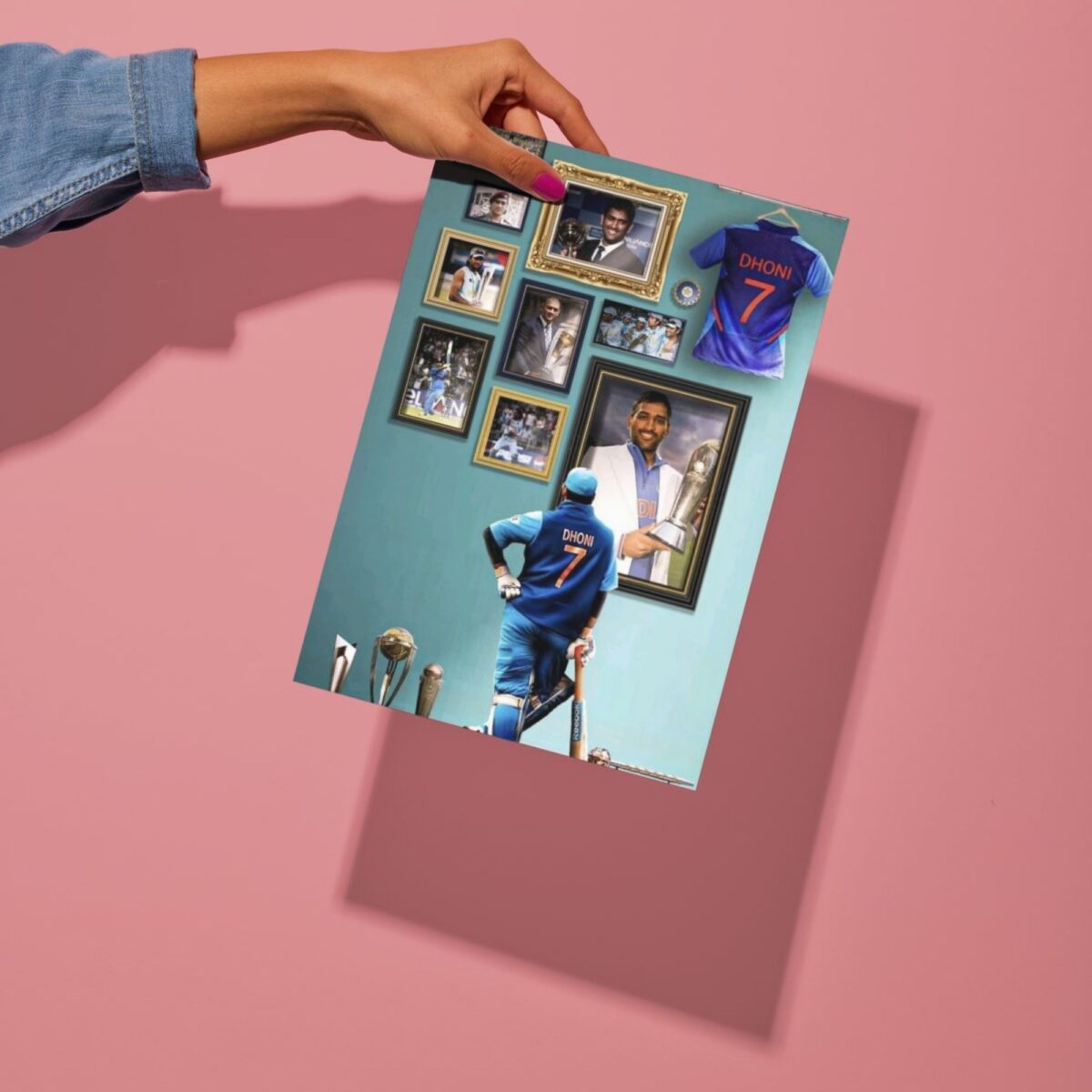 dhoni winning trophy metal poster with wall protector