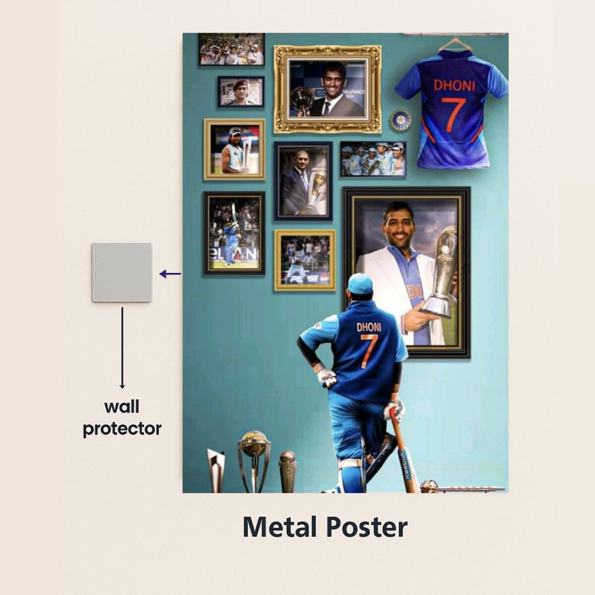 dhoni winning trophy metal poster with wall protector