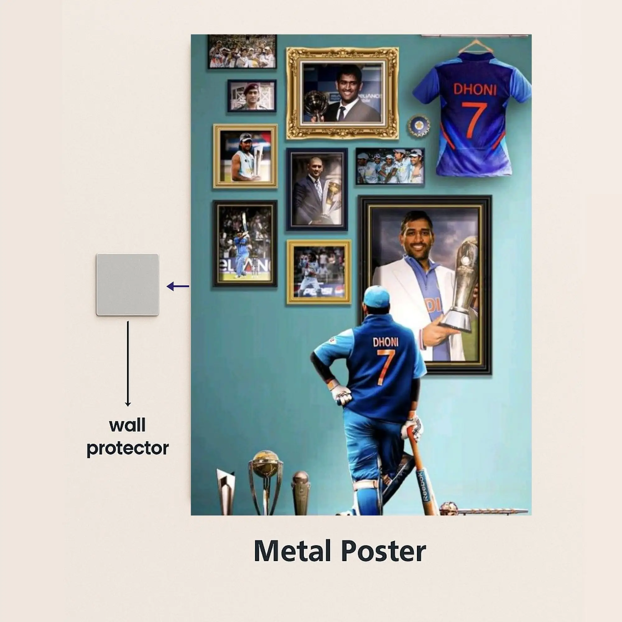 dhoni winning trophy metal poster with wall protector