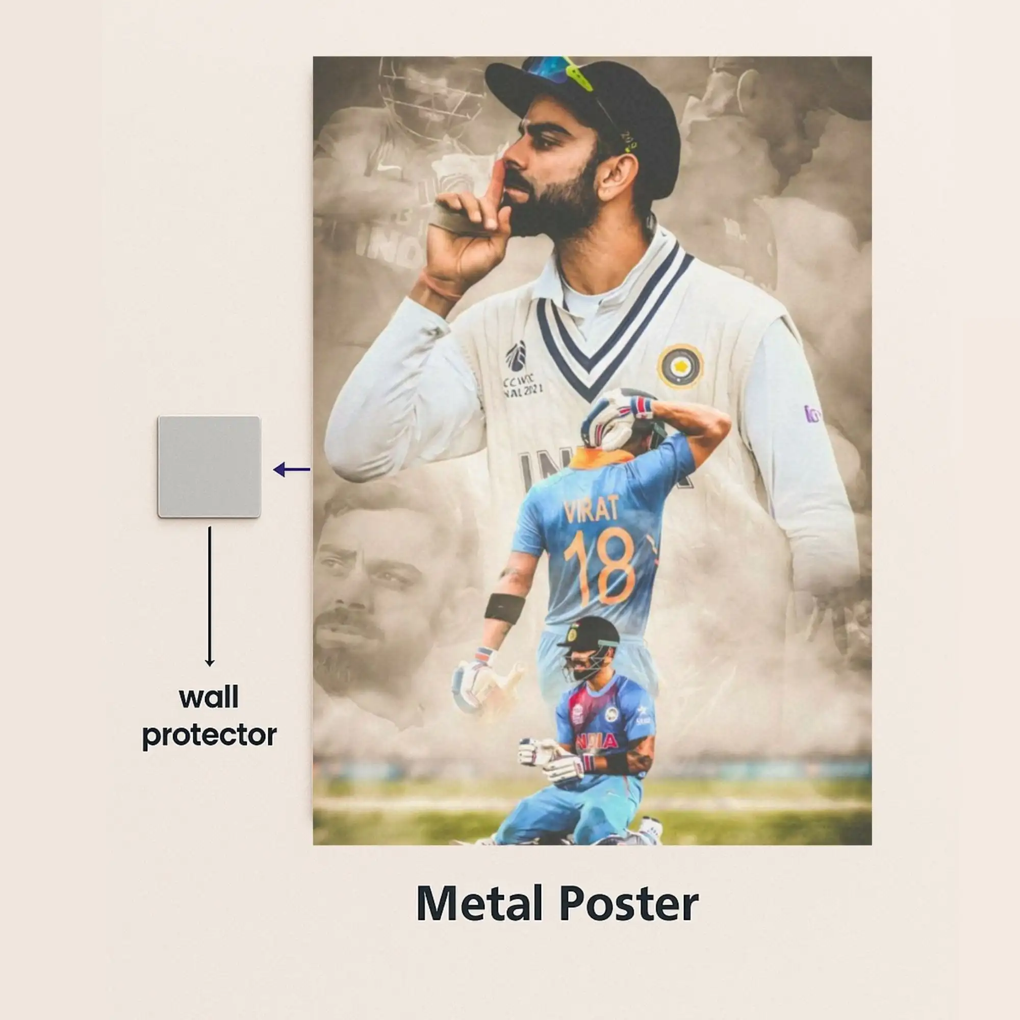 virat kohli metal poster with wall protector