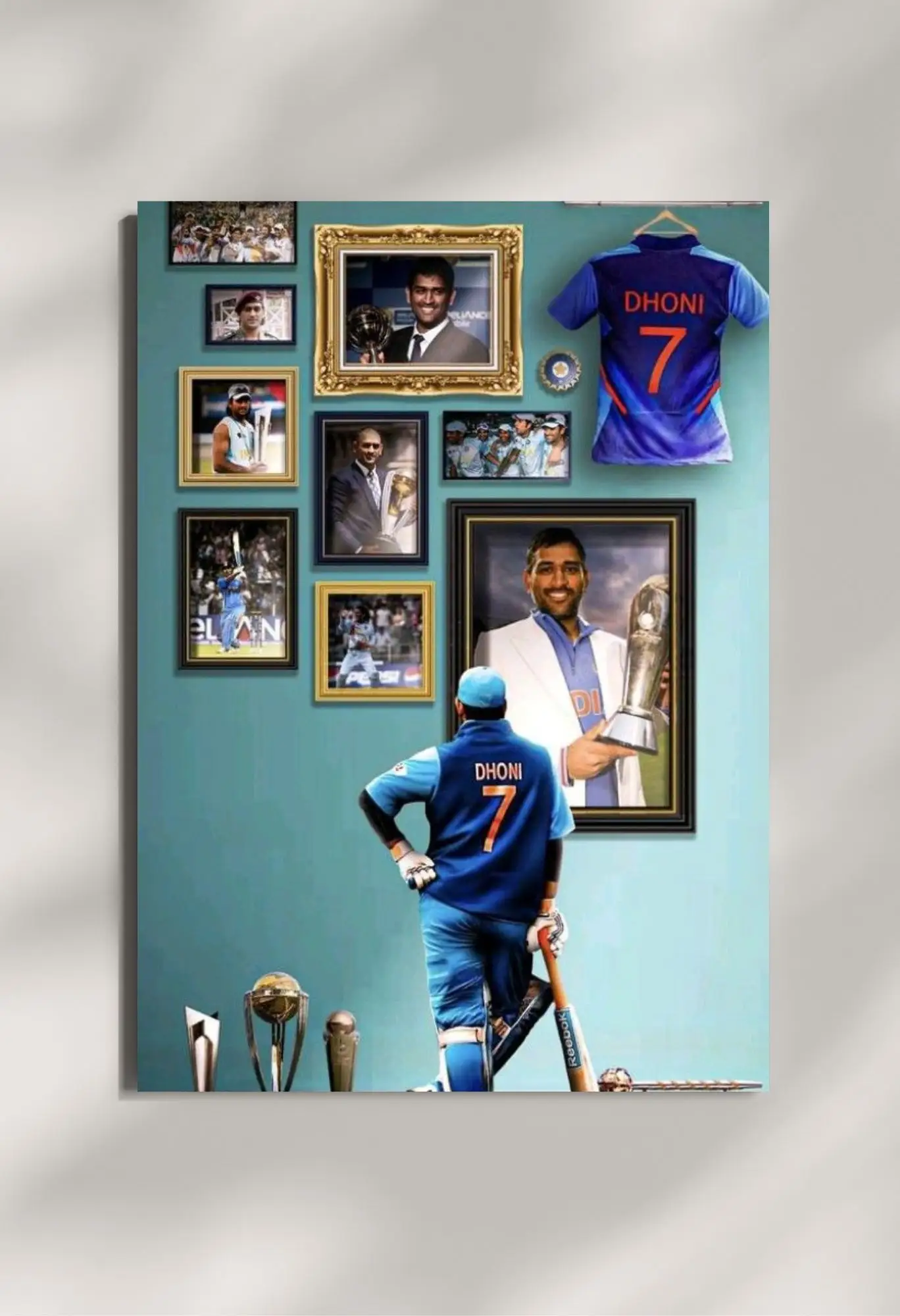 wall mounted dhoni winning trophy metal poster