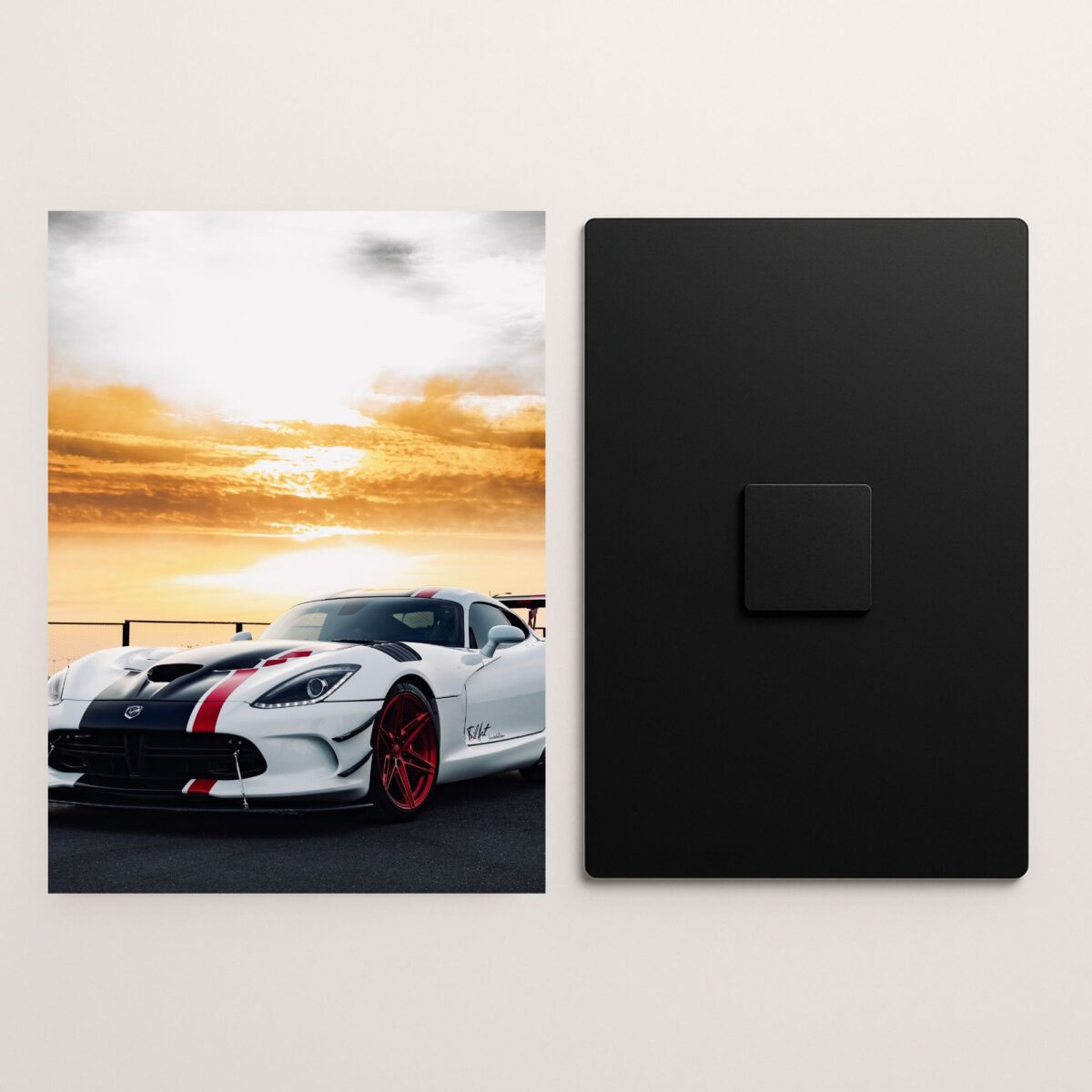 white sports car metal poster front and back preview