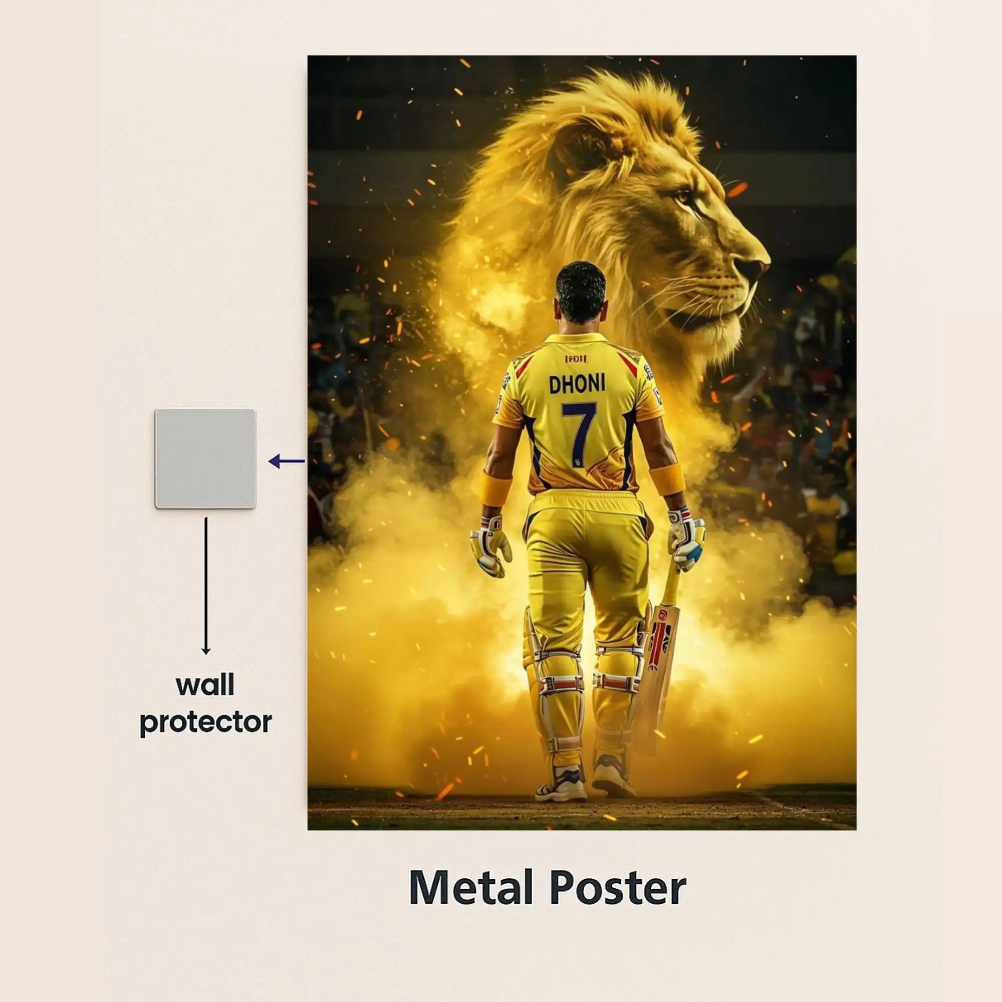 ms dhoni csk metal poster with wall protector