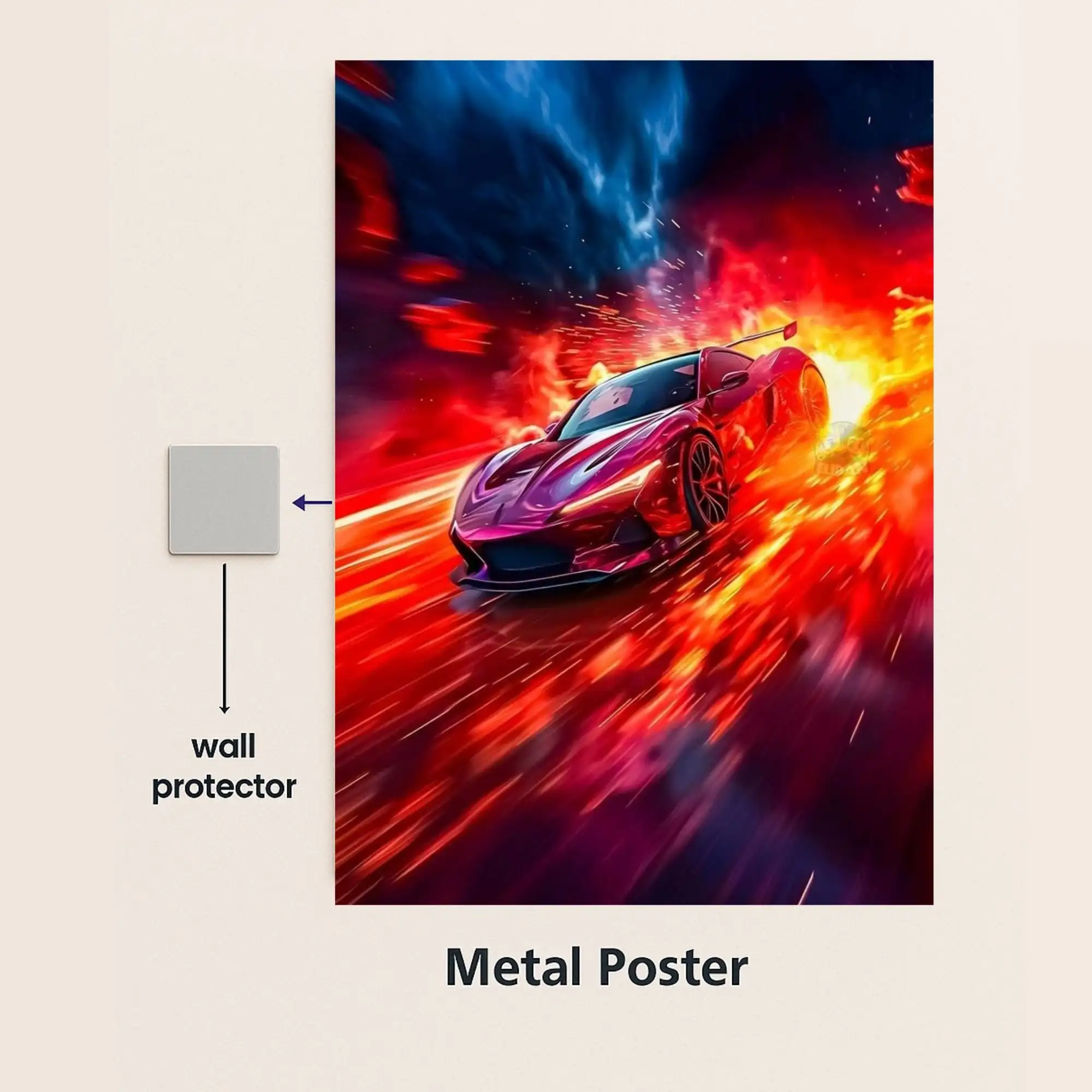 red sports car metal poster with wall protector