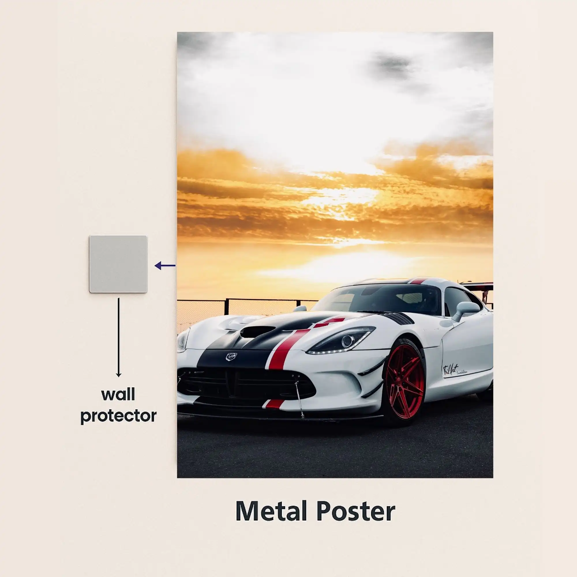 white sports car metal poster with wall protector