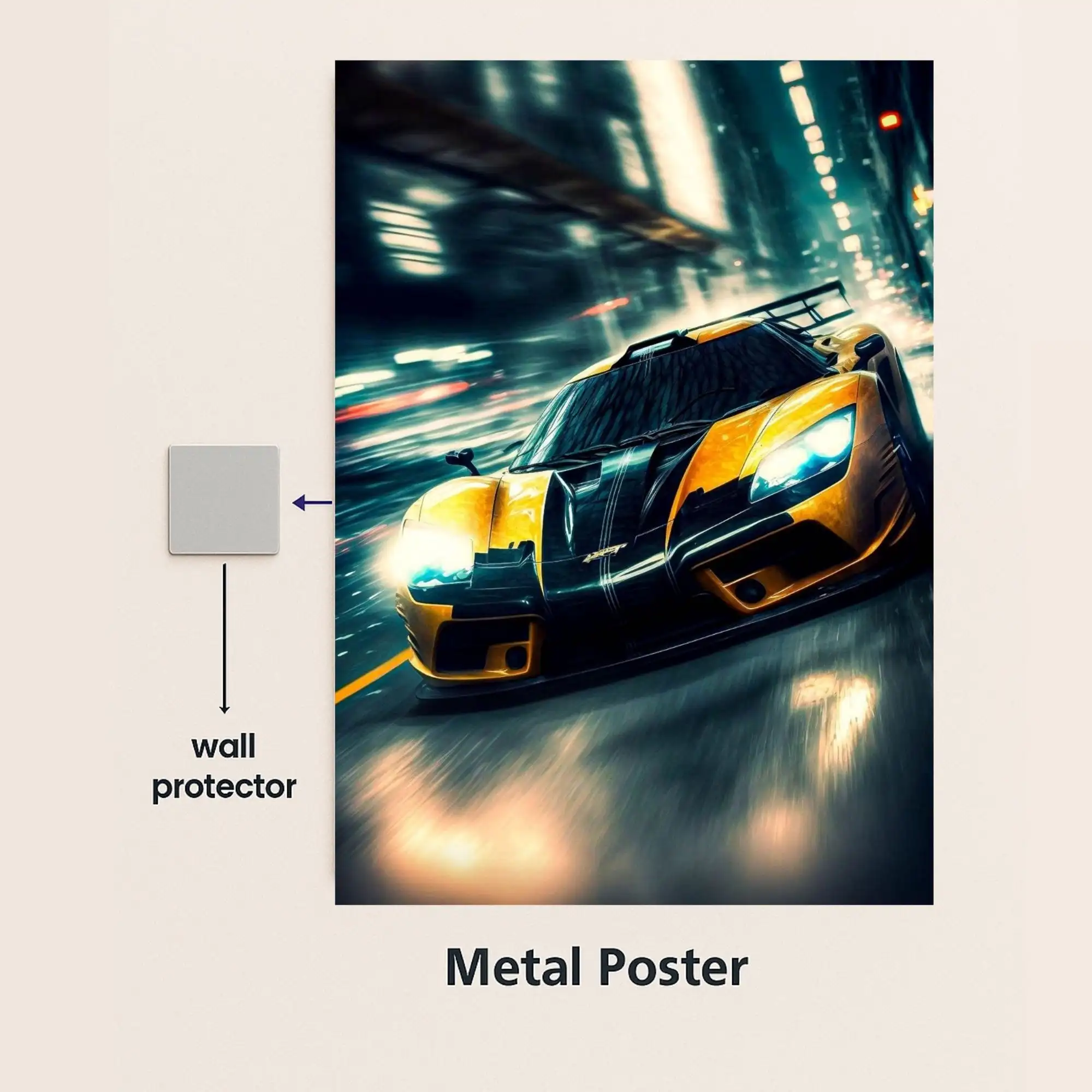 yellow supercar metal poster with wall protector