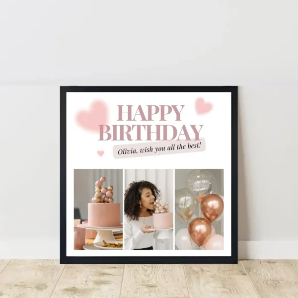 blushing birthday frame on floor