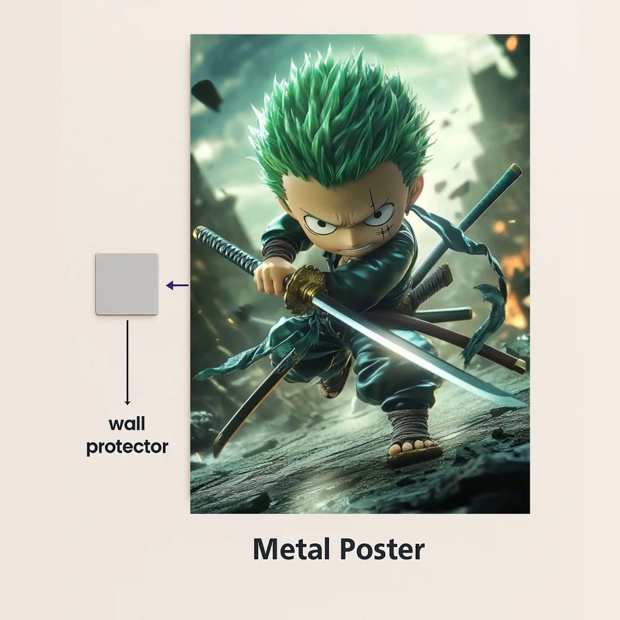 chibi swordmaster roronoa zoro metal poster with wall protector