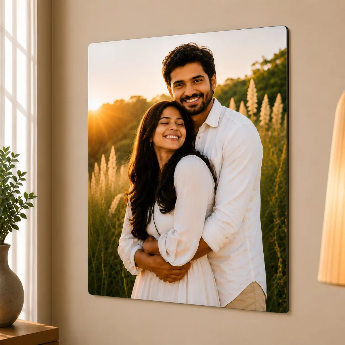Custom Metal Poster displayed on a modern living room wall with glossy finish