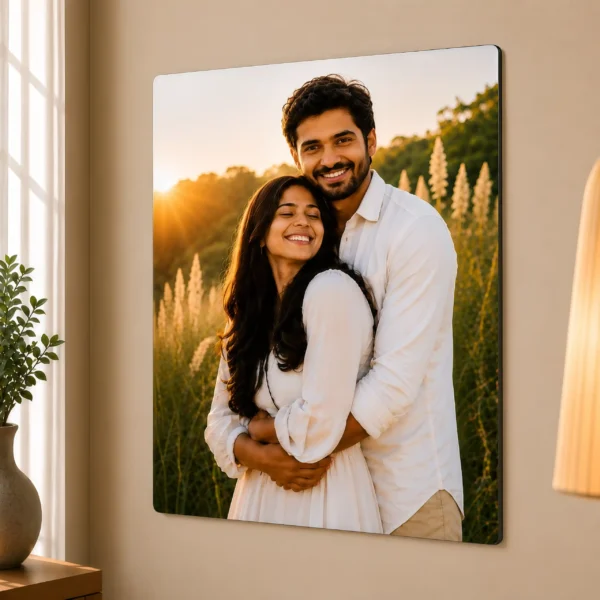 Custom Metal Poster displayed on a modern living room wall with glossy finish