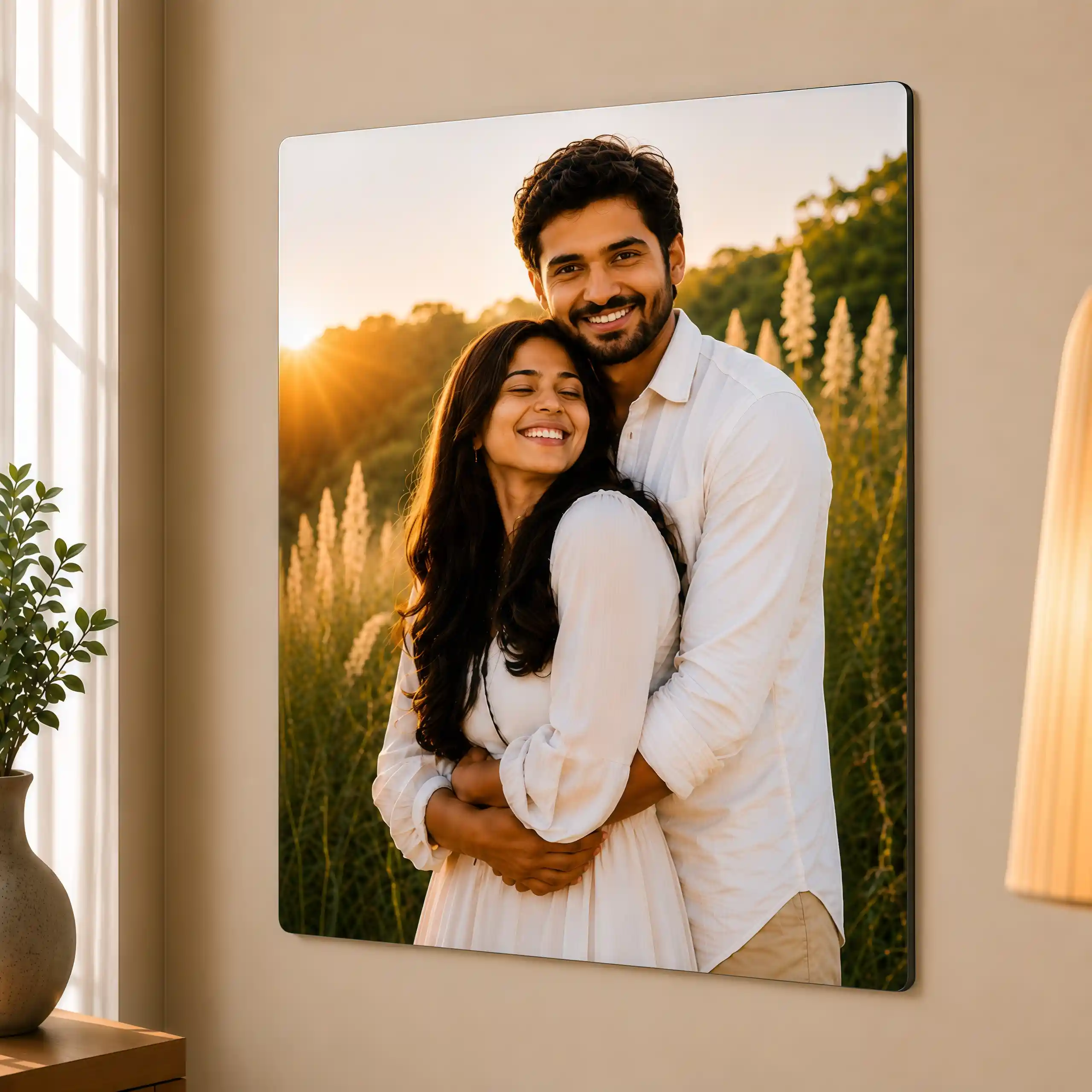 Custom Metal Poster displayed on a modern living room wall with glossy finish