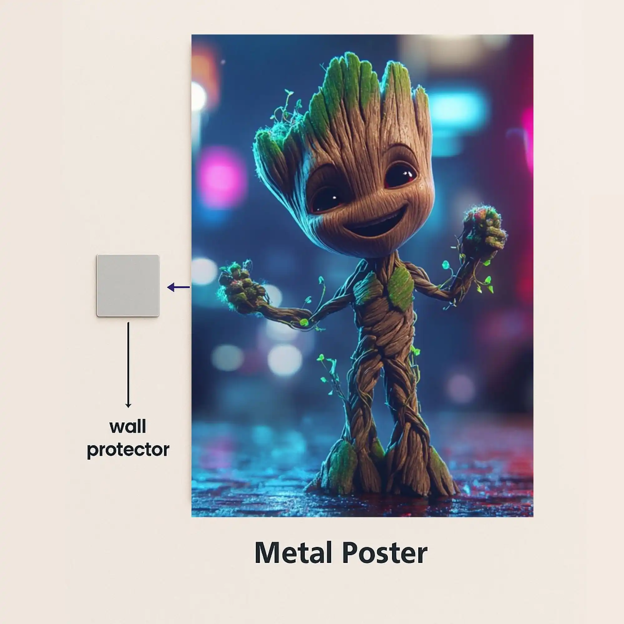 groot guardian of the galaxy metal poster with wall protector