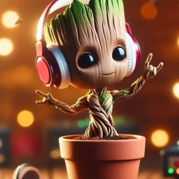 groot in pot with music metal poster