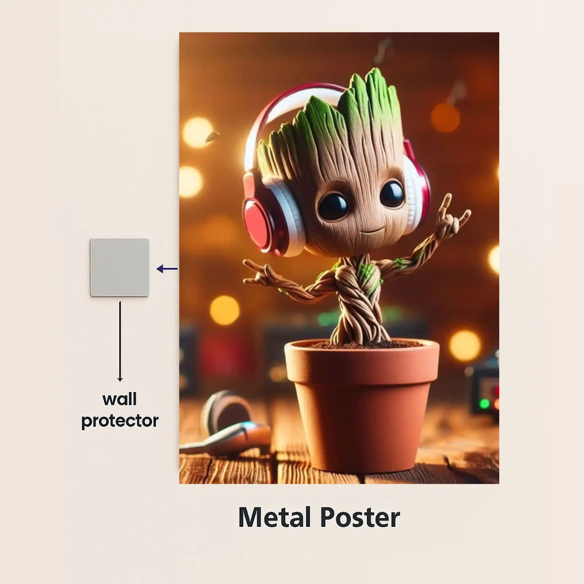 groot in pot with music metal poster with wall protector