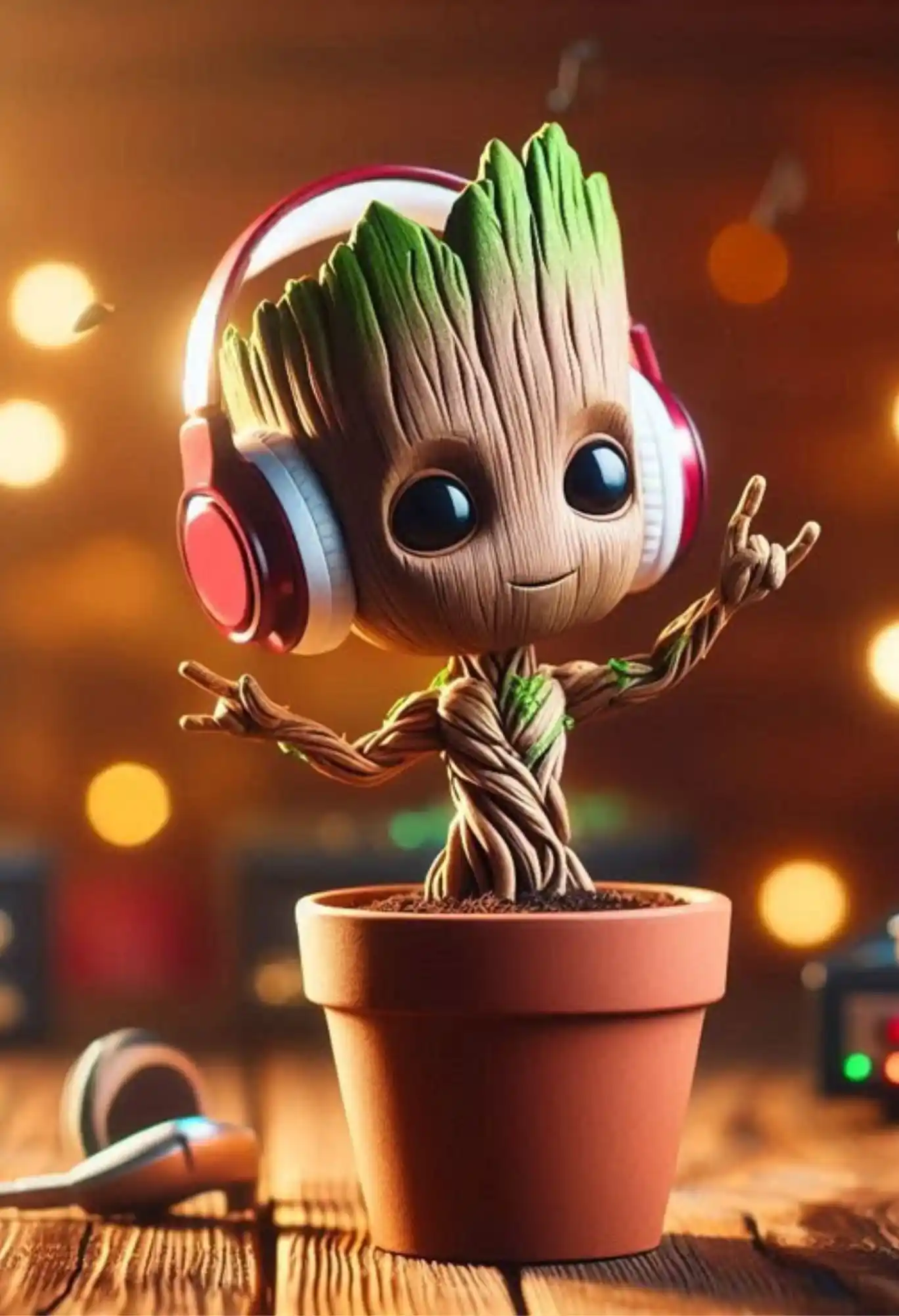 groot in pot with music metal poster