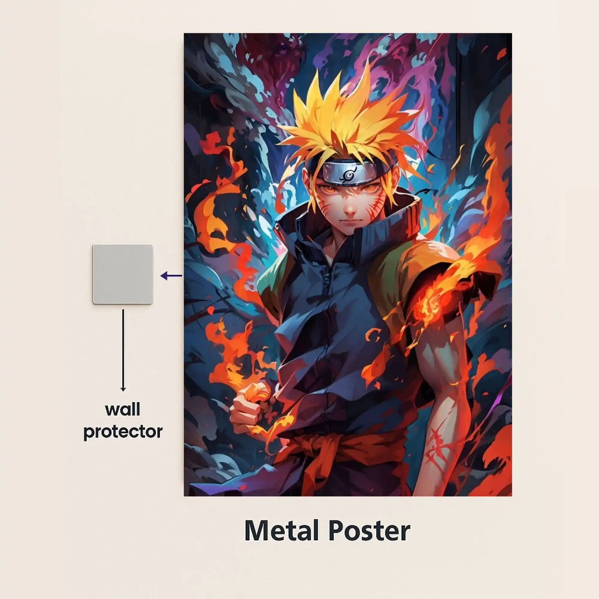 naruto flame power metal poster with wall protector