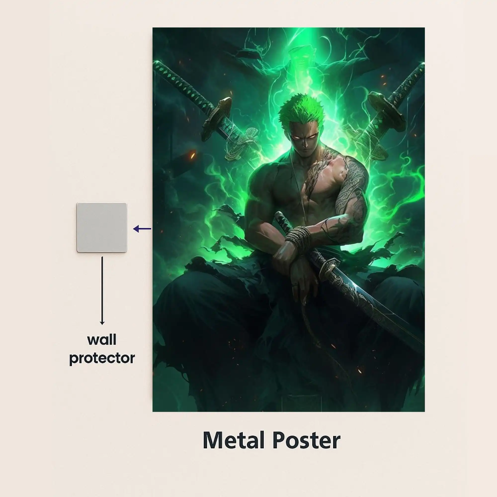 one piece roronoa zoro metal poster with wall protector