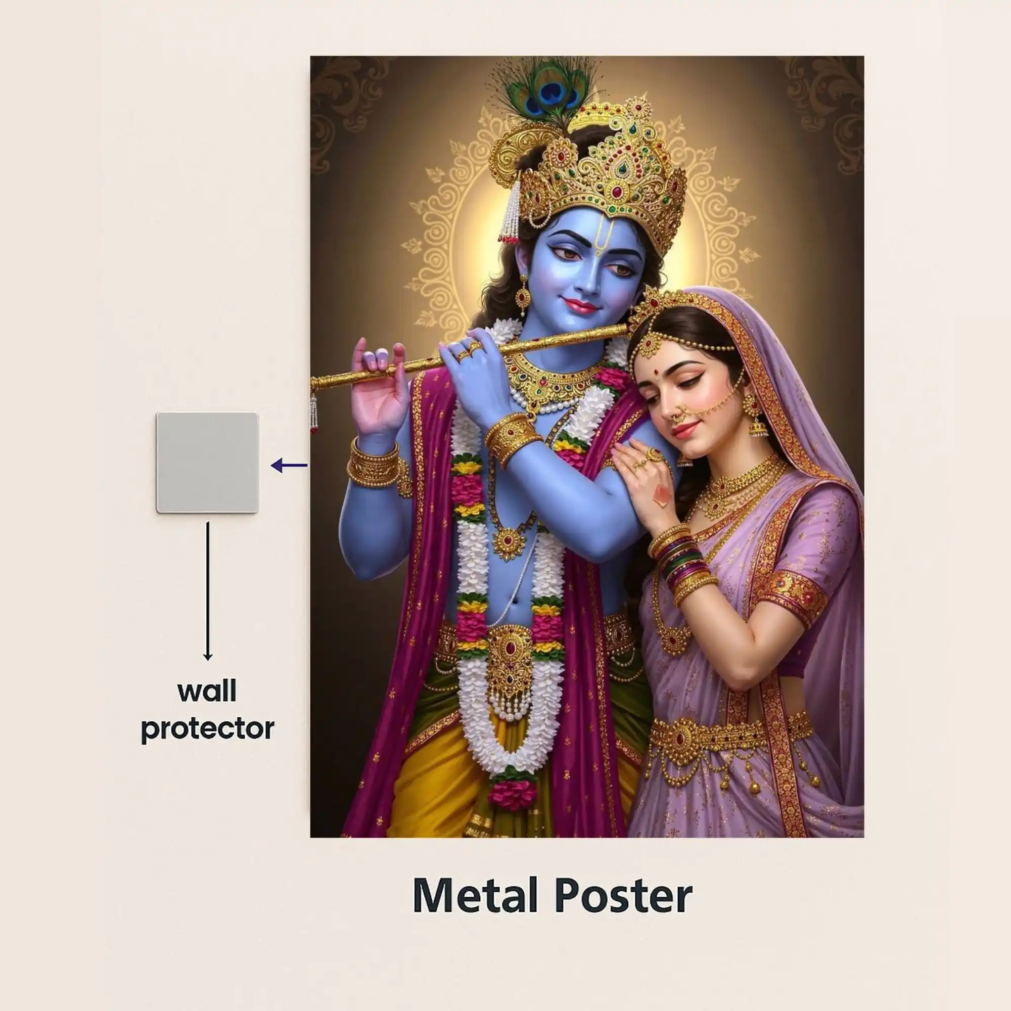 radha krishna metal poster with wall protector
