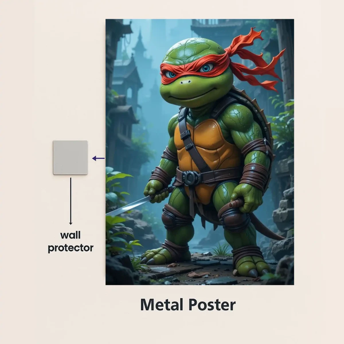 raphael ninja turtle chibi metal poster with wall protector