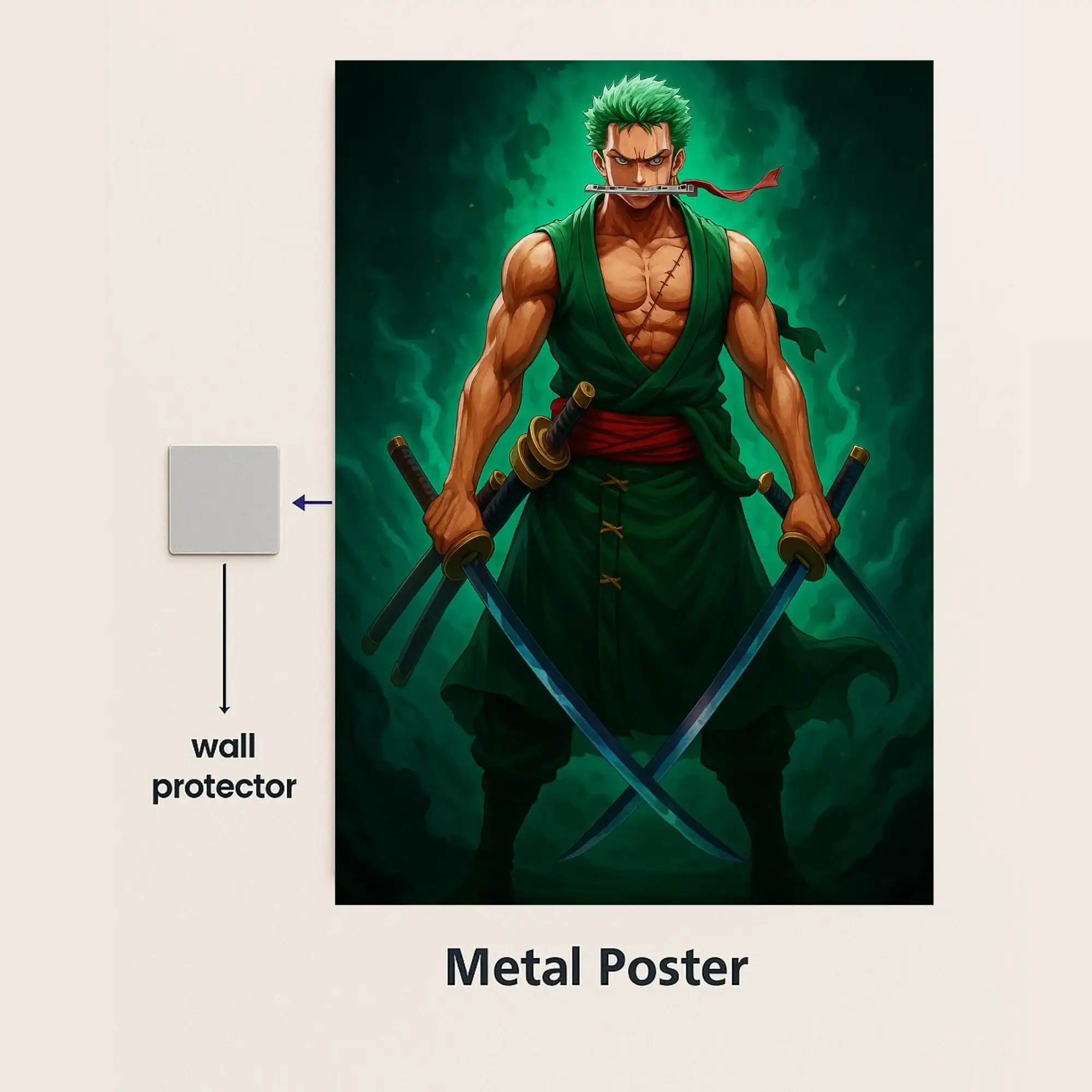 roronoa zoro metal poster with wall protector