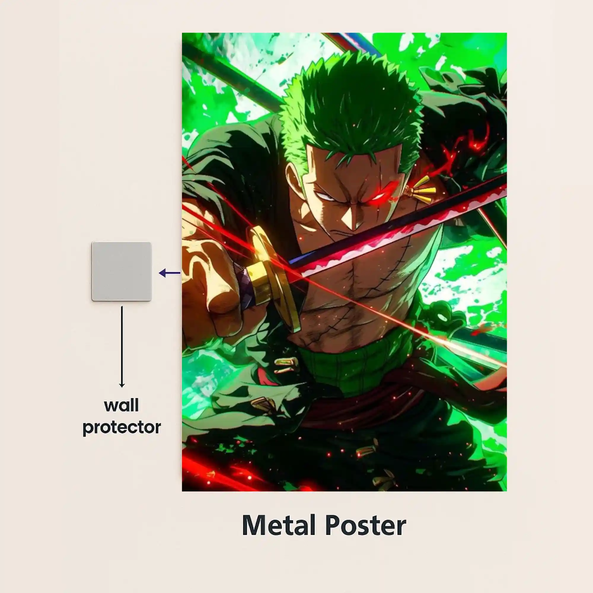 roronoa zoro santoryu metal poster with wall protector