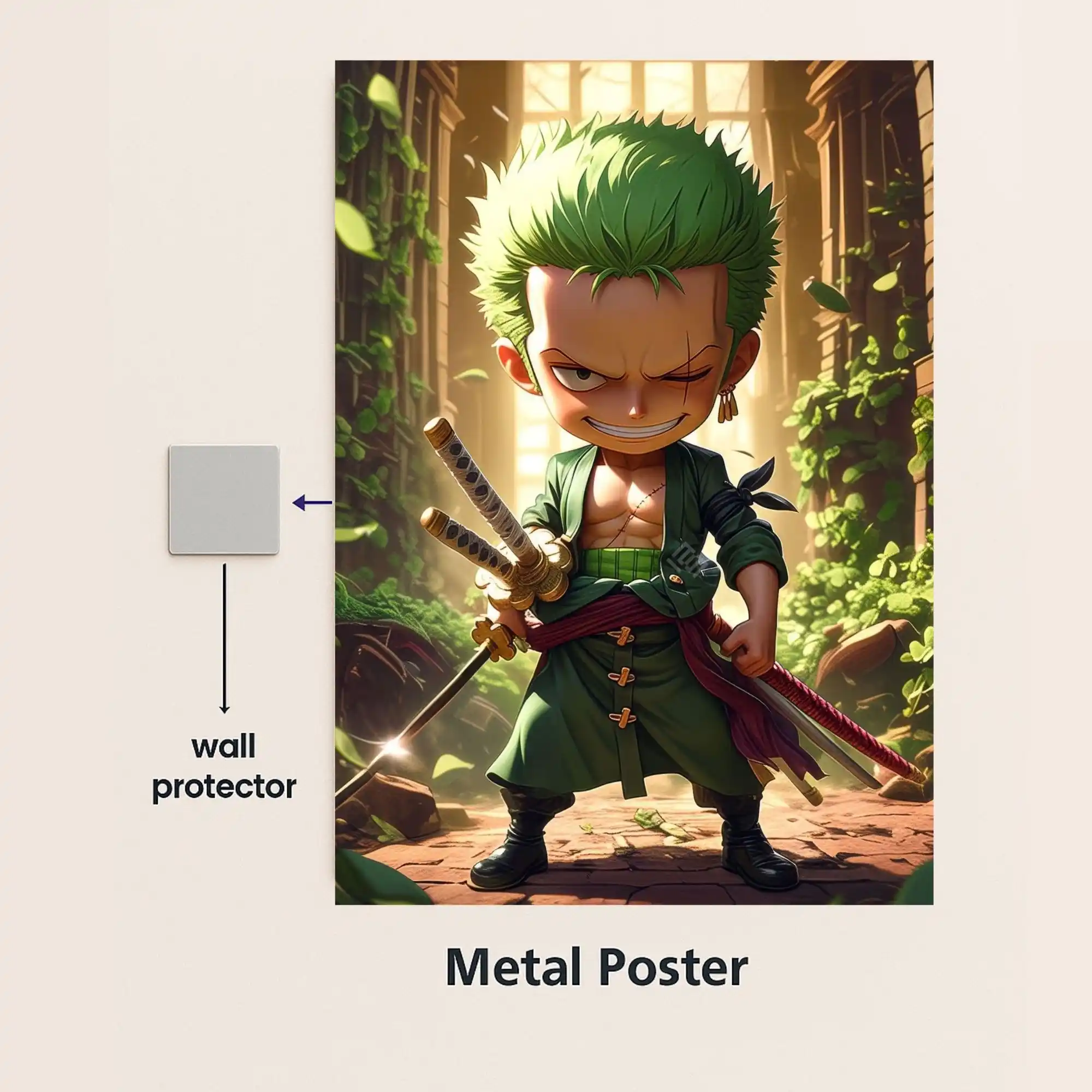 zoro chibi style metal poster with wall protector