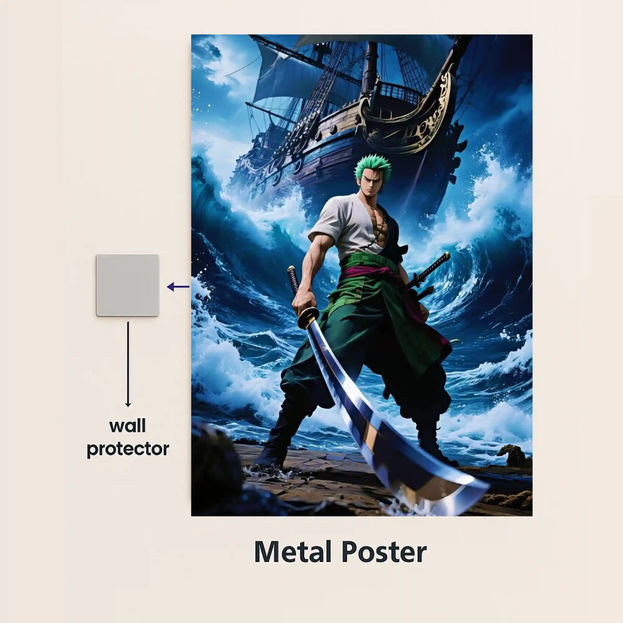 zoro ocean warrior metal poster with wall protector