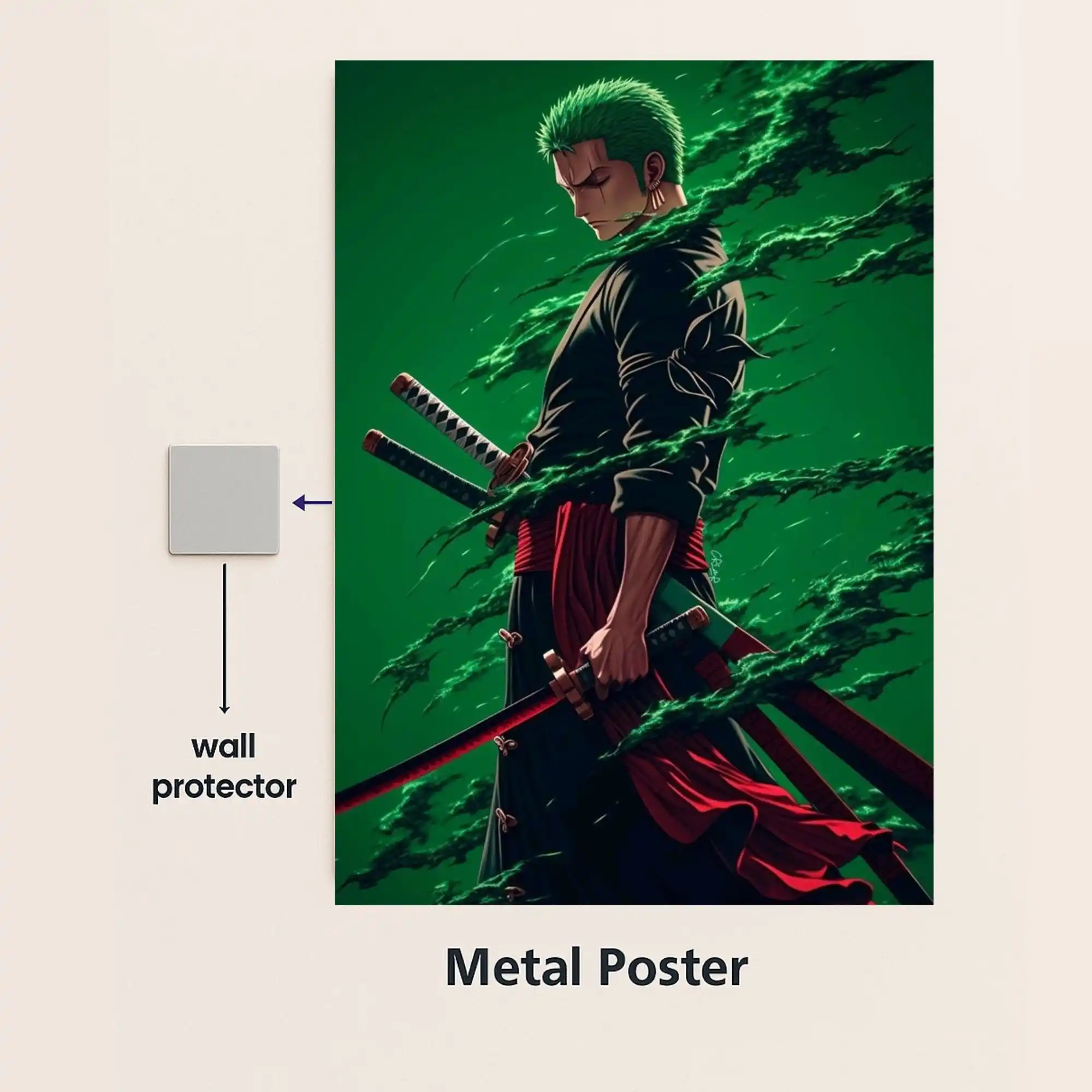 zoro swordmaster metal poster with wall protector