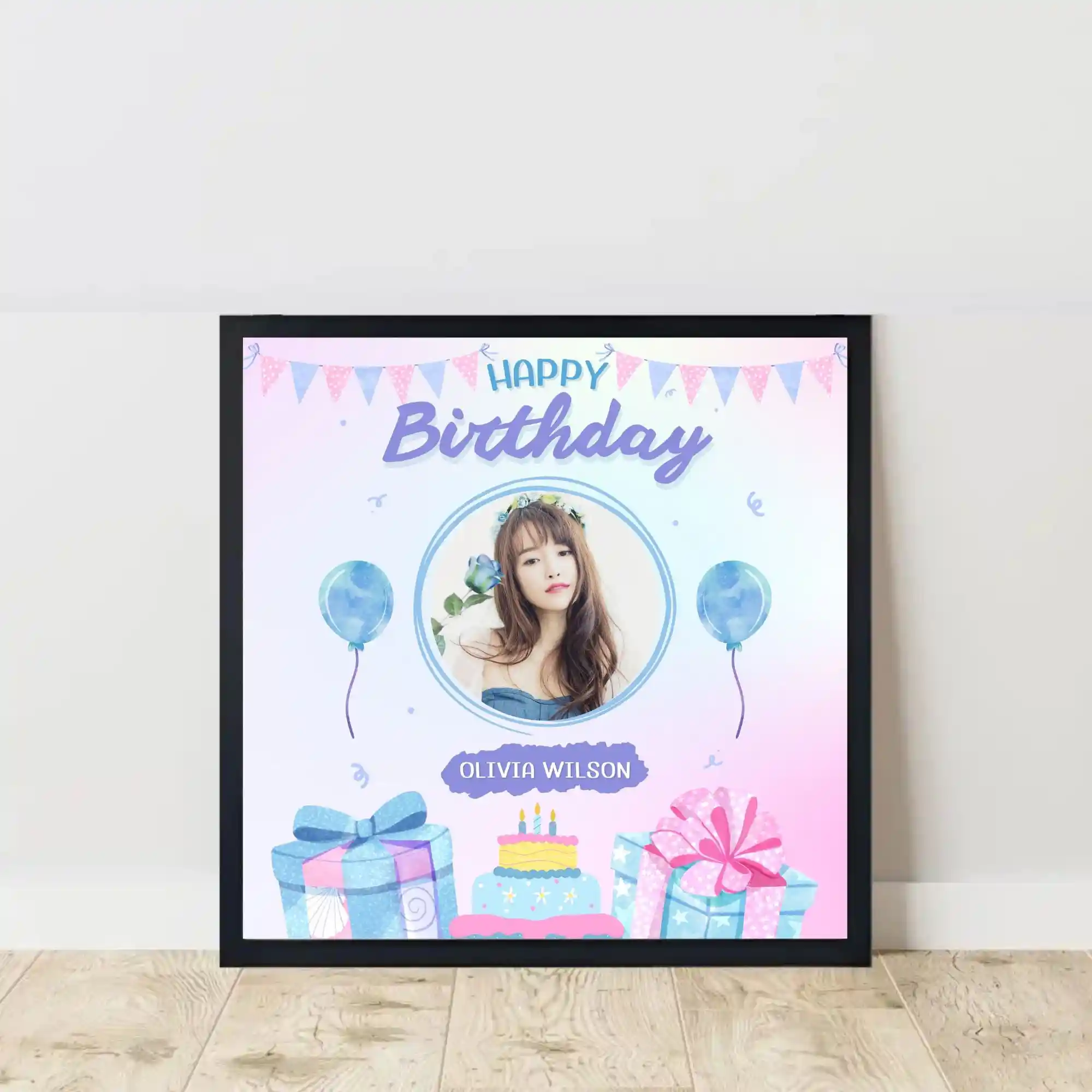 birthday celebration photo frame on floor