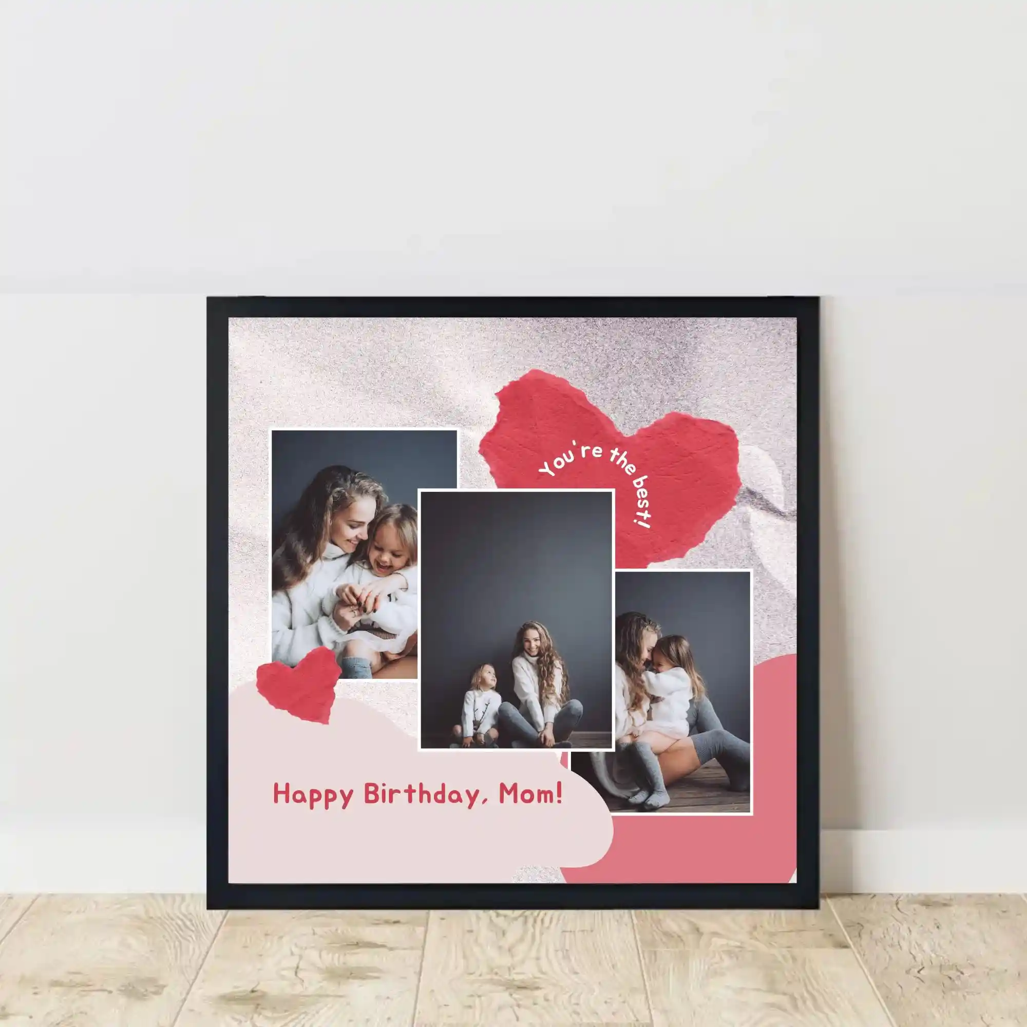 happy birthday mom photo frame on floor