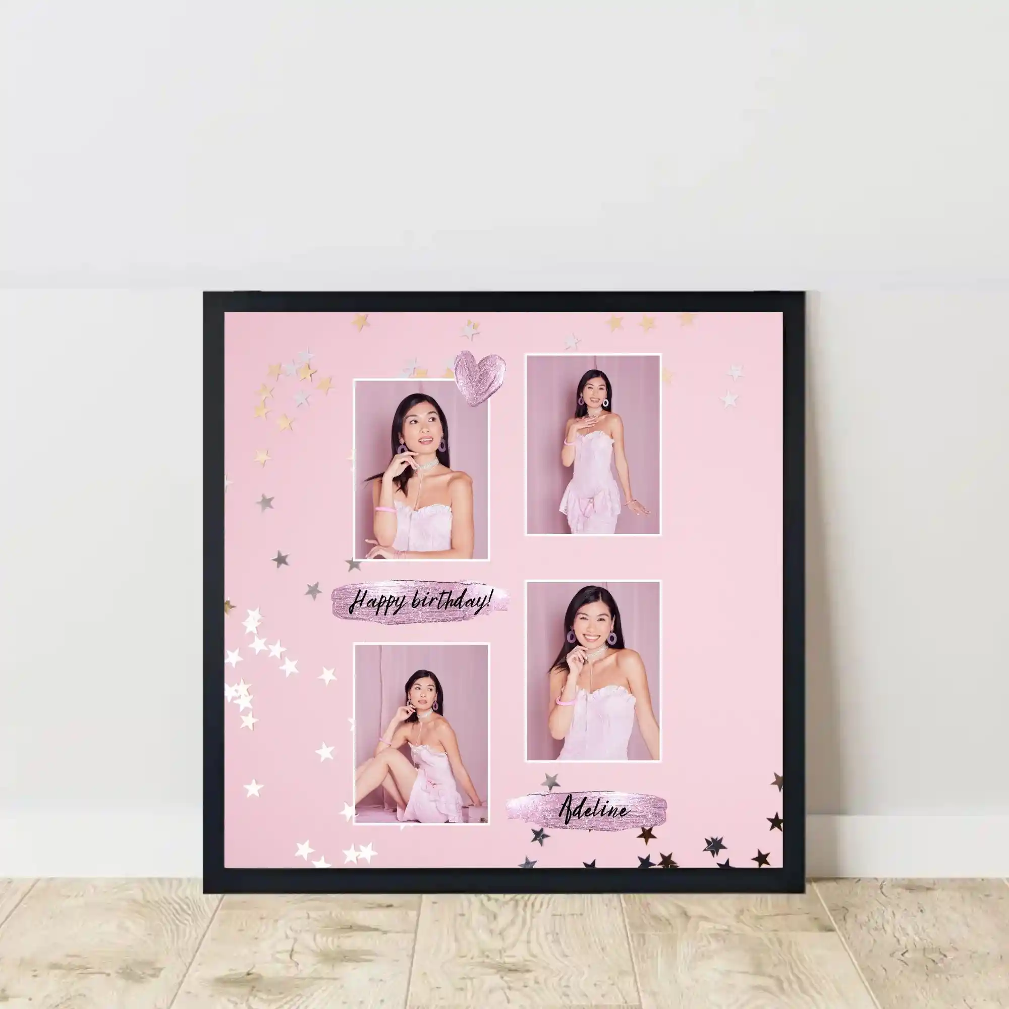 happy birthday photo frame on floor