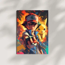 ash and pikachu action metal poster mounted on wall premium display