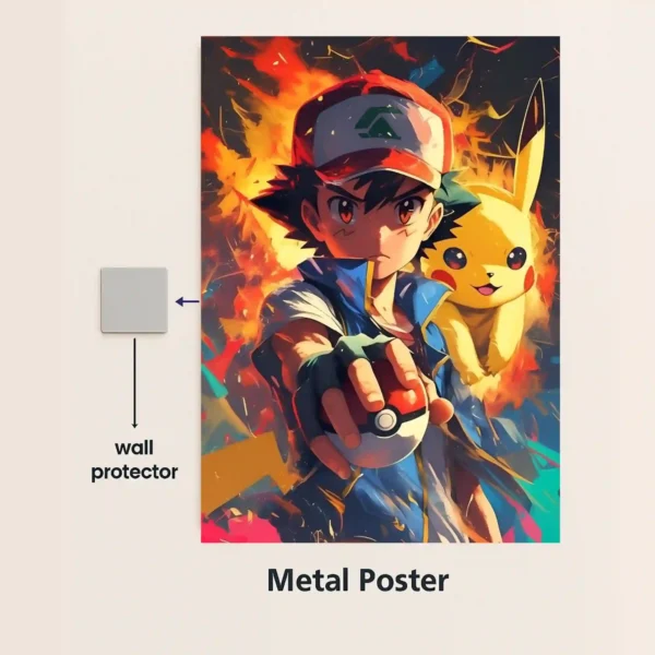 ash and pikachu action metal poster with magnetic mounts no drill wall installation