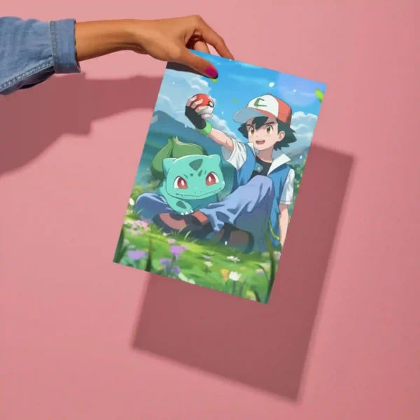 ash ketchum bulbasaur pokeball metal poster detailed preview of peaceful field design