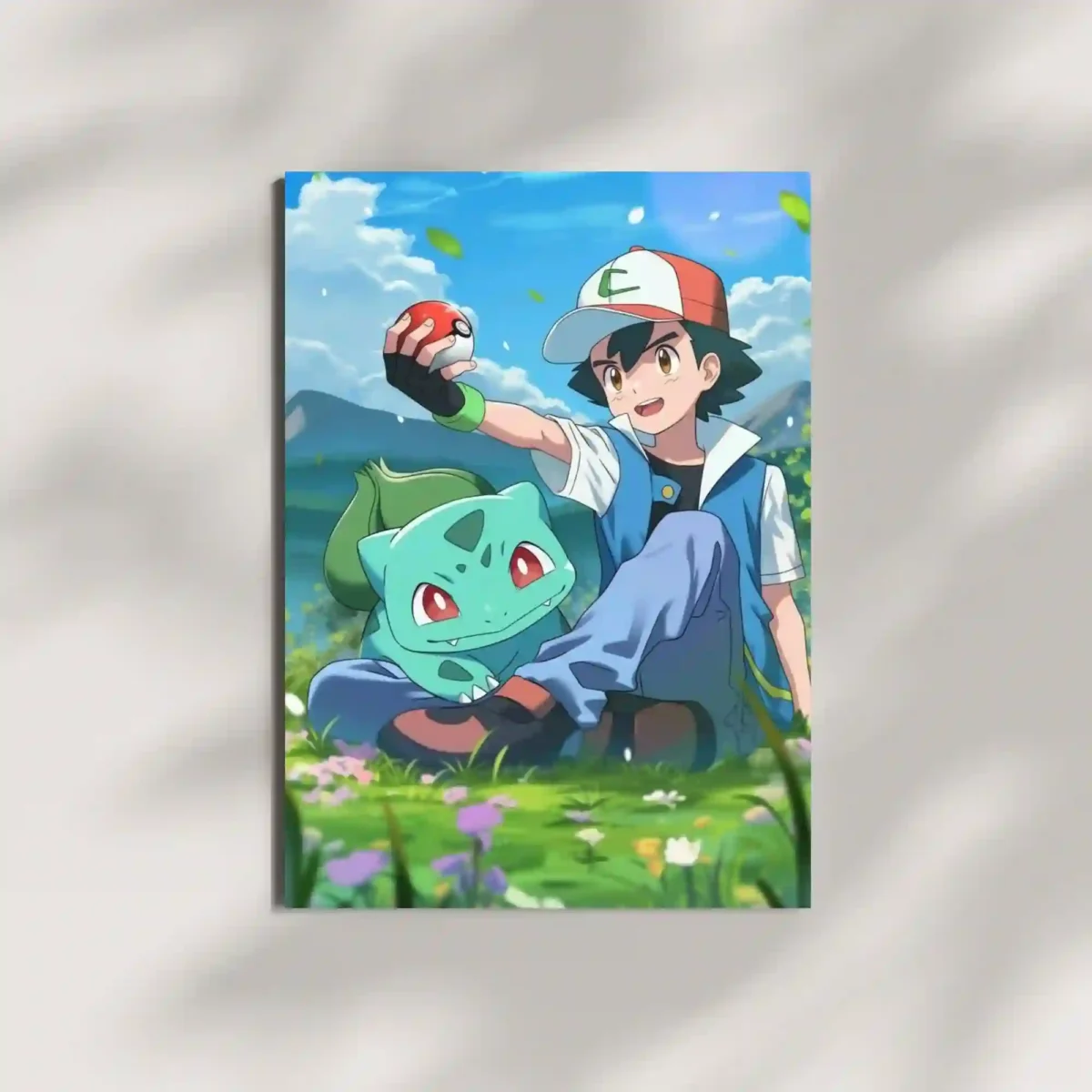 ash ketchum bulbasaur pokeball metal poster mounted on wall premium peaceful pokemon field display