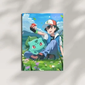 ash ketchum bulbasaur pokeball metal poster mounted on wall premium peaceful pokemon field display