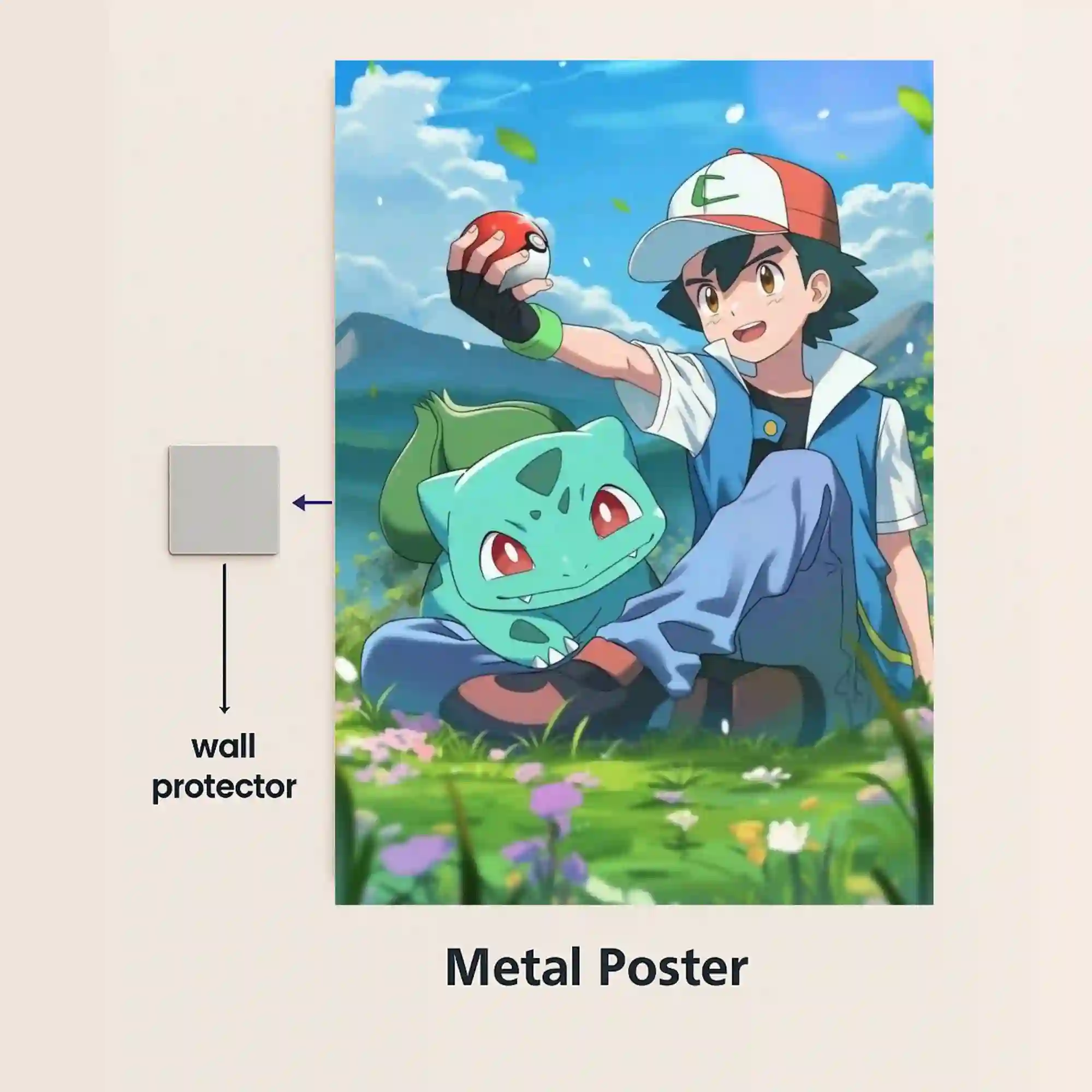 ash ketchum bulbasaur pokeball metal poster with magnetic mounts no drill wall installation