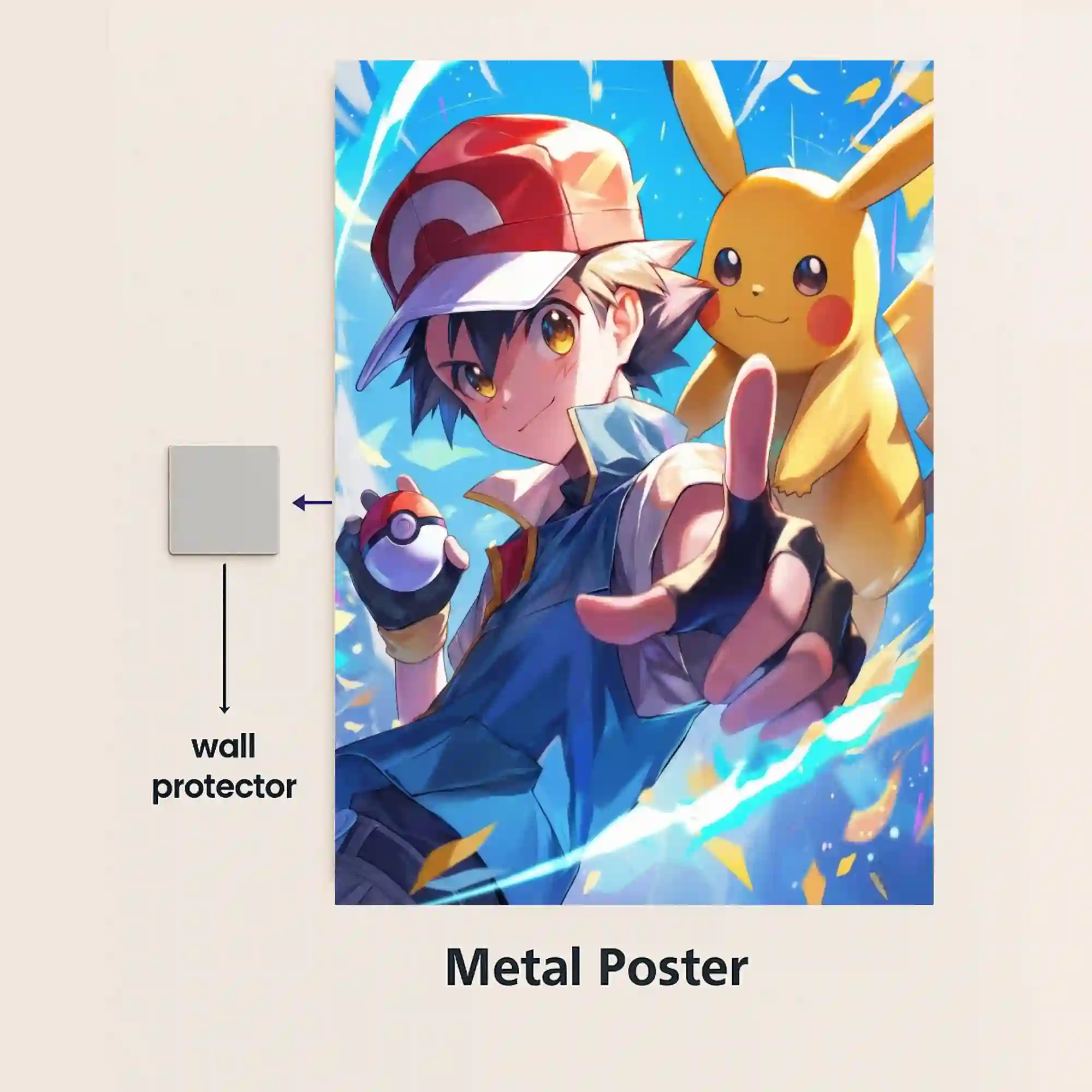 ash ketchum pikachu metal poster with magnetic mounts no drill wall installation