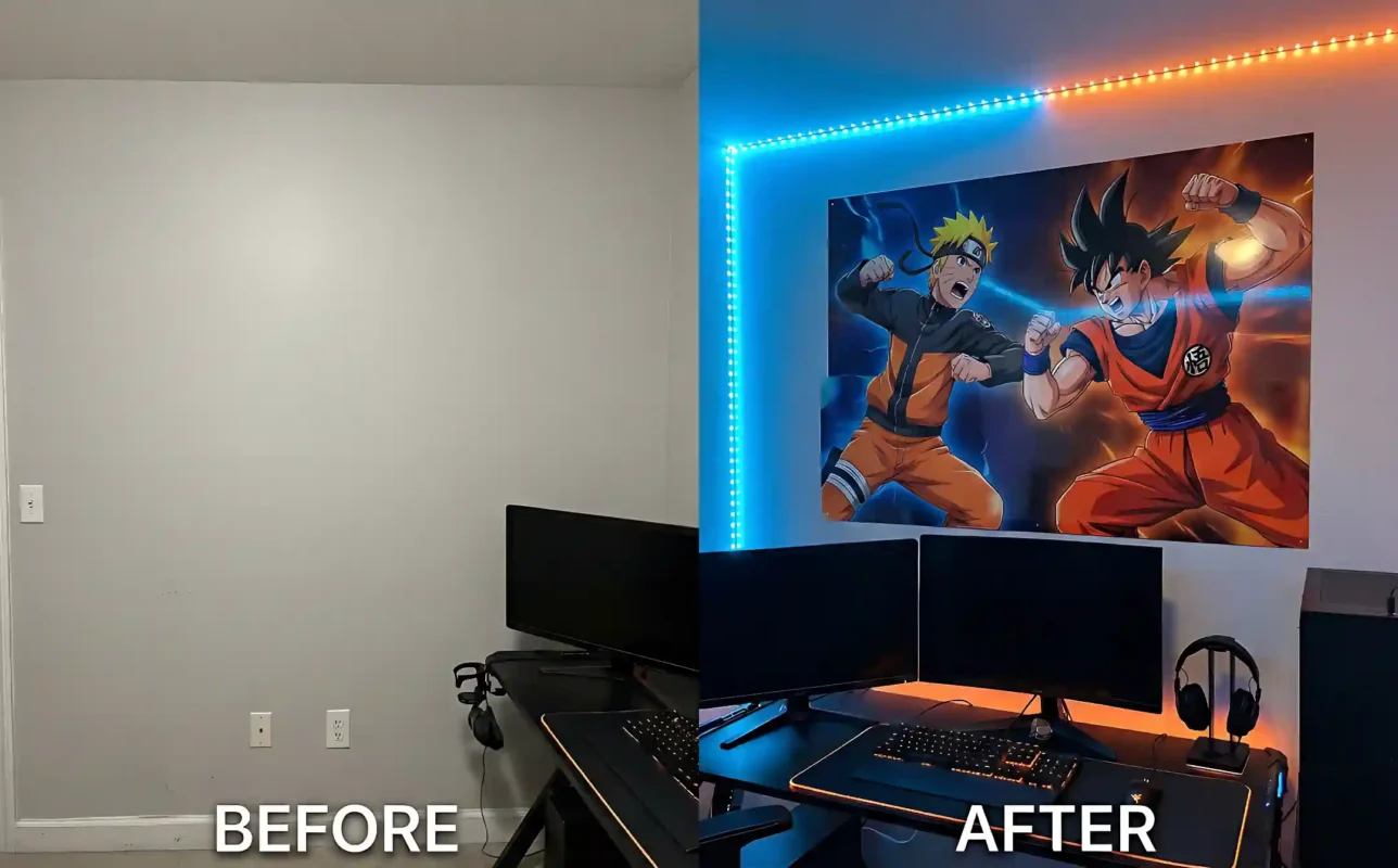 gaming room with metal poster wall art setup
