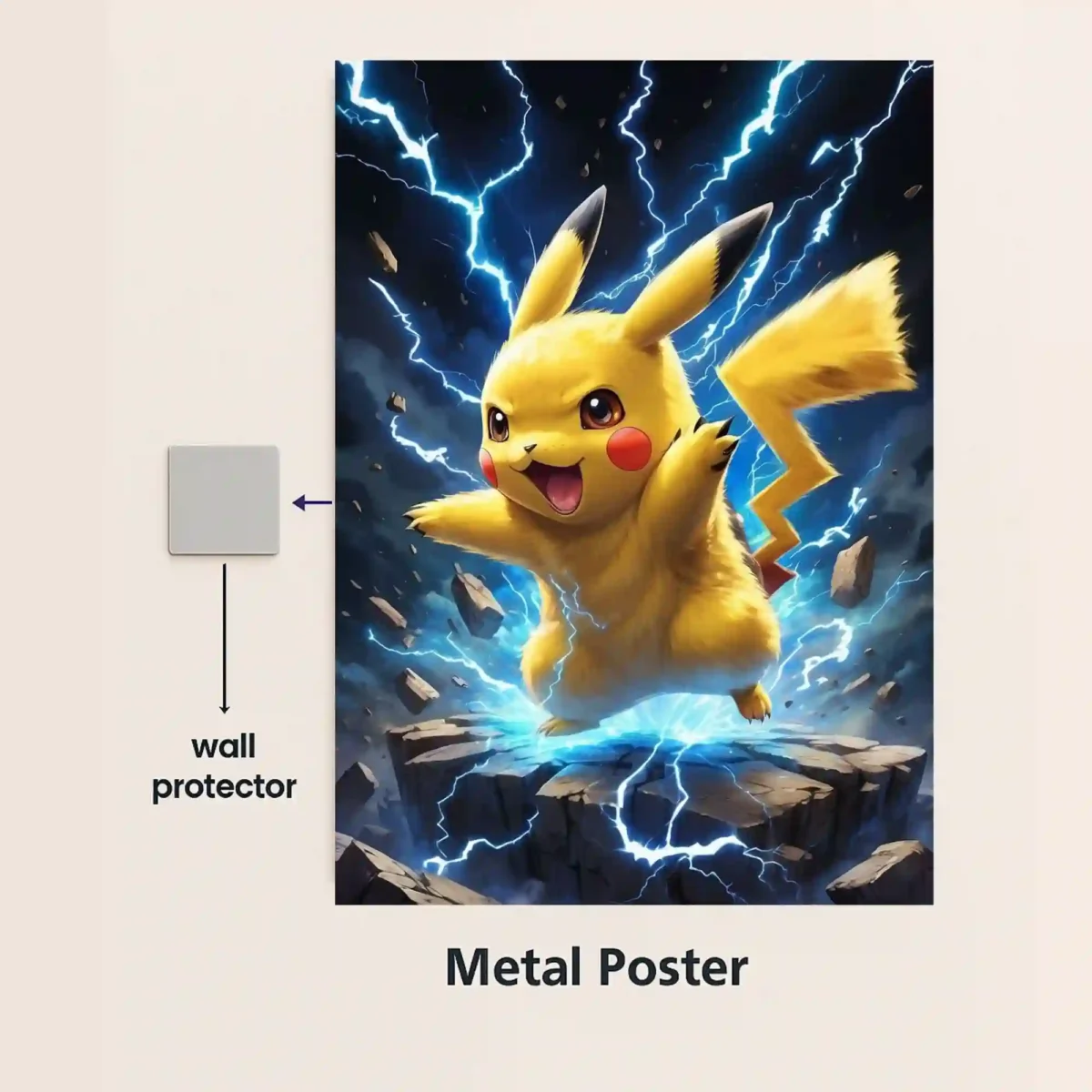 pikachu electric power metal poster with magnetic mounts no drill wall installation