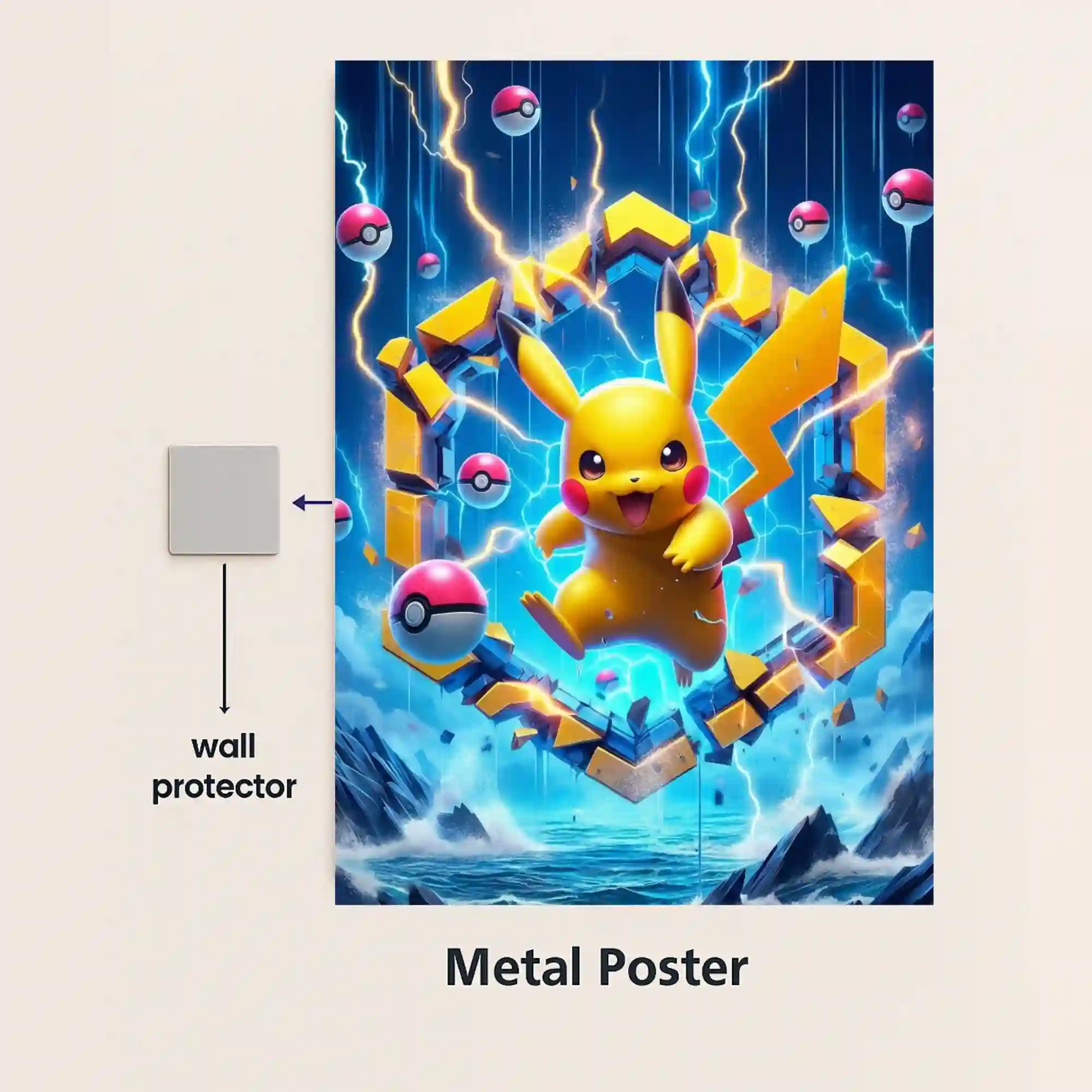 pikachu electric storm metal poster with magnetic mounts no drill wall installation