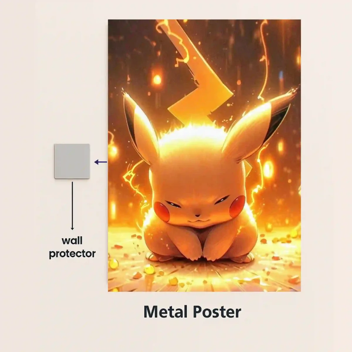 pikachu golden glow metal poster with magnetic mounts no drill wall installation