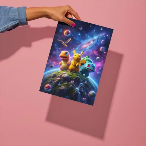 pokemon cosmic galaxy metal poster detailed preview of starters galaxy design