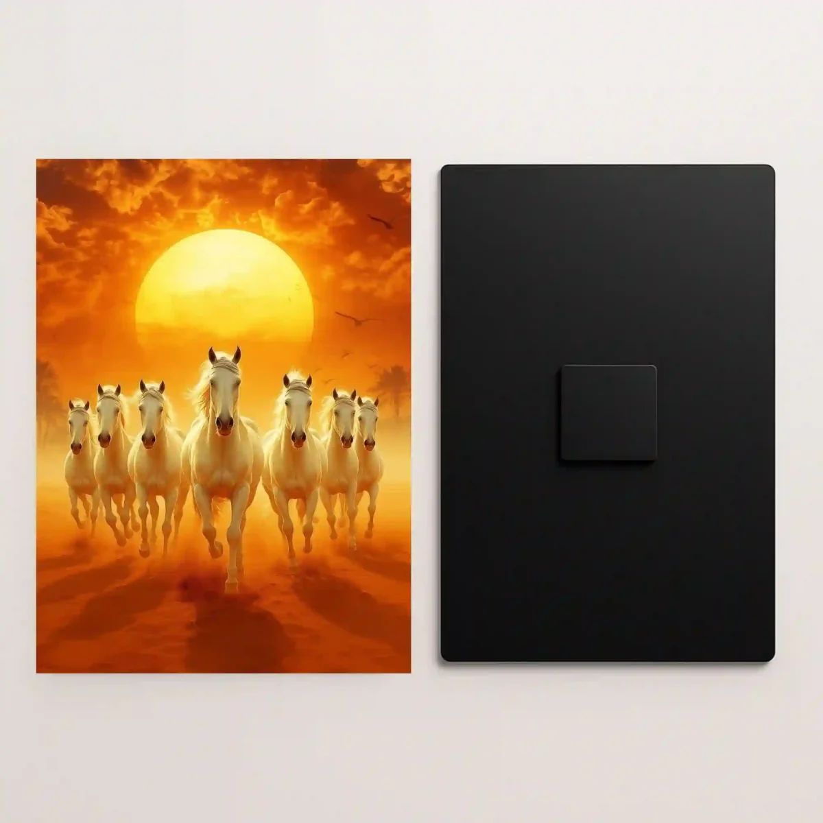 seven white horses running metal poster front and back view with premium details