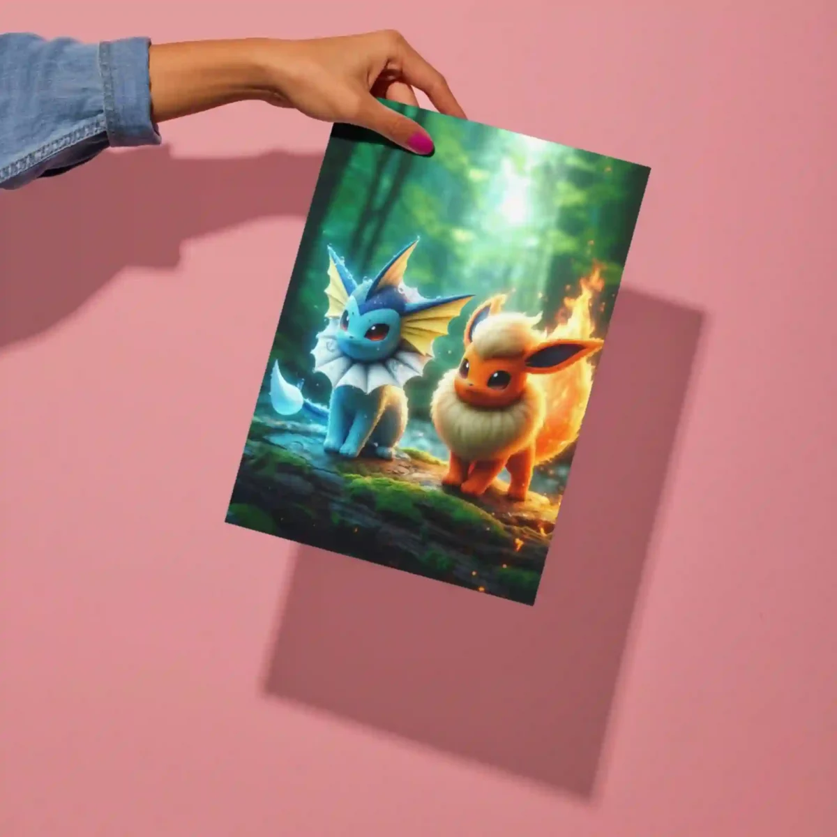 vaporeon and flareon eevee evolution pokemon metal poster detailed preview of water and fire design