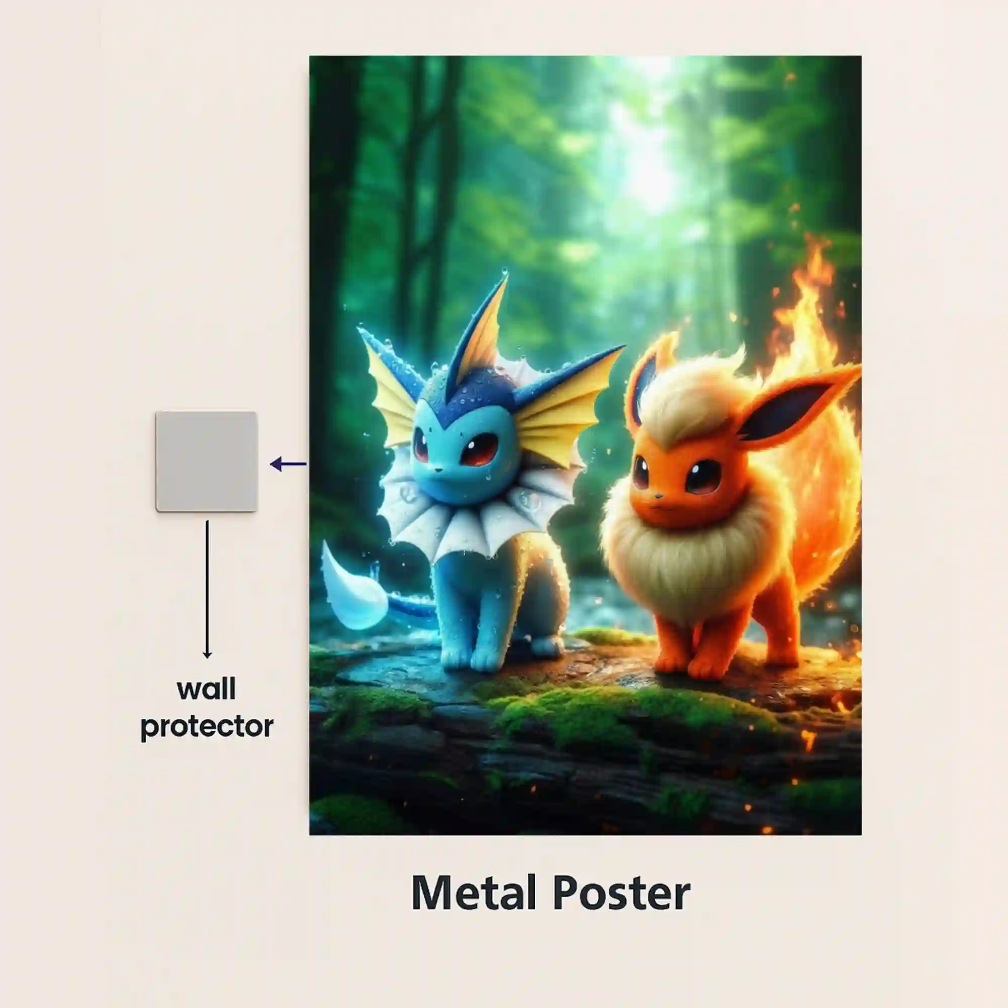 vaporeon and flareon eevee evolution pokemon metal poster with magnetic mounts no drill wall installation