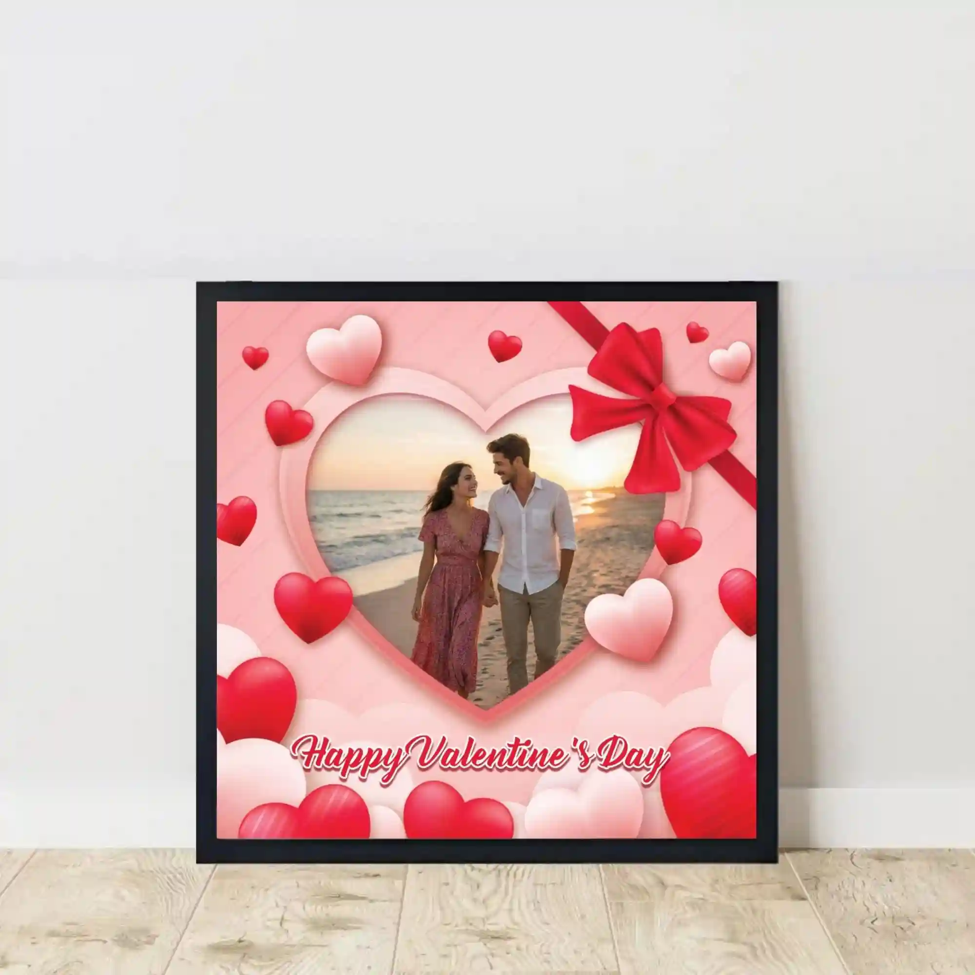 red heart valentine photo frame on floor
