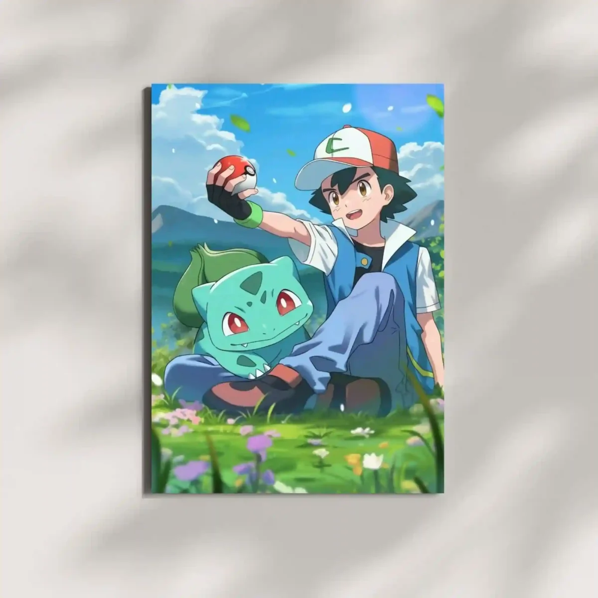 ash ketchum bulbasaur pokeball metal poster mounted on wall premium peaceful pokemon field display